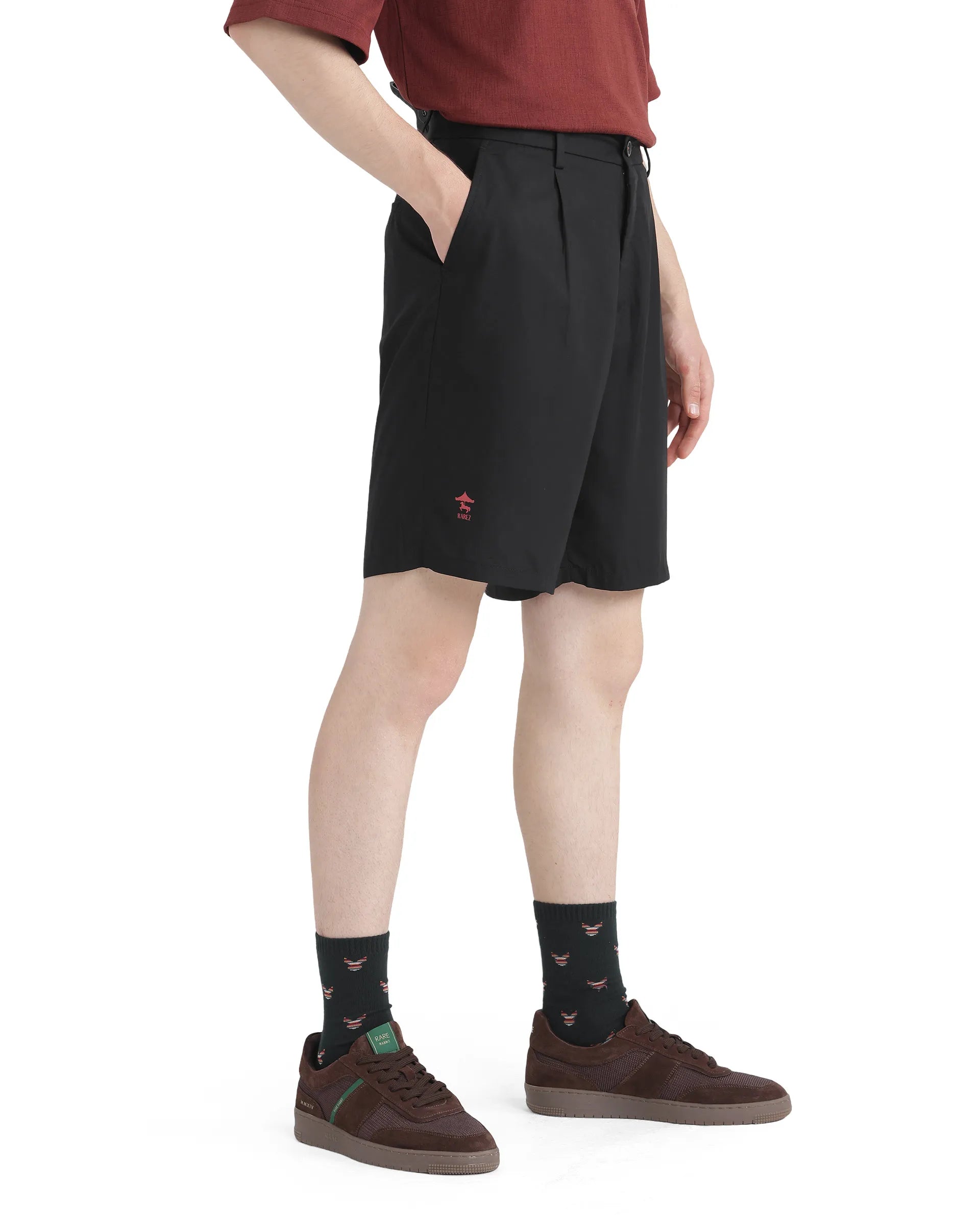 Rare Rabbit Men's Caro-B Black Cotton Fabric Mid Rise Button Closure Oversized Fit Plain Shorts