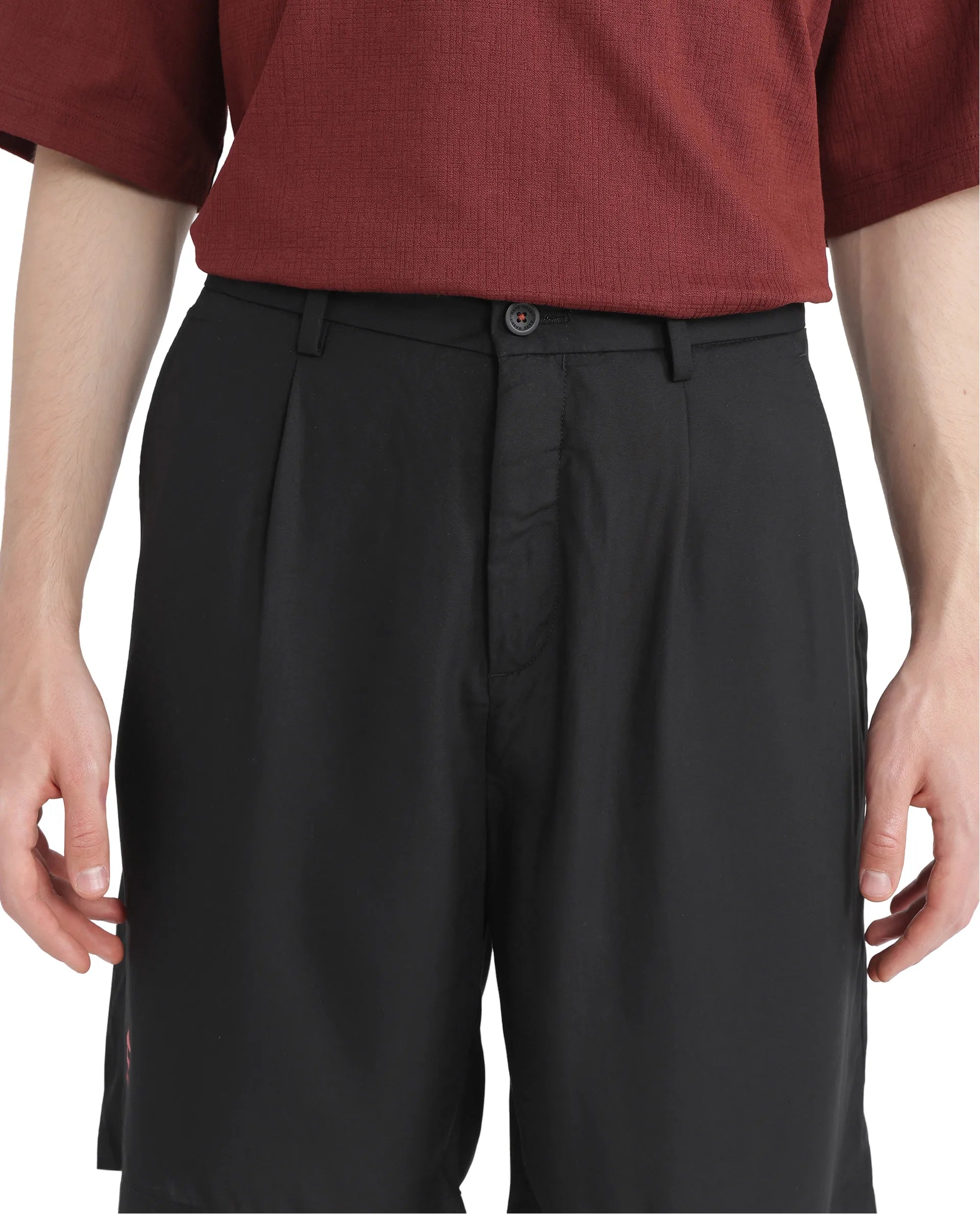 Rare Rabbit Men's Caro-B Black Cotton Fabric Mid Rise Button Closure Oversized Fit Plain Shorts