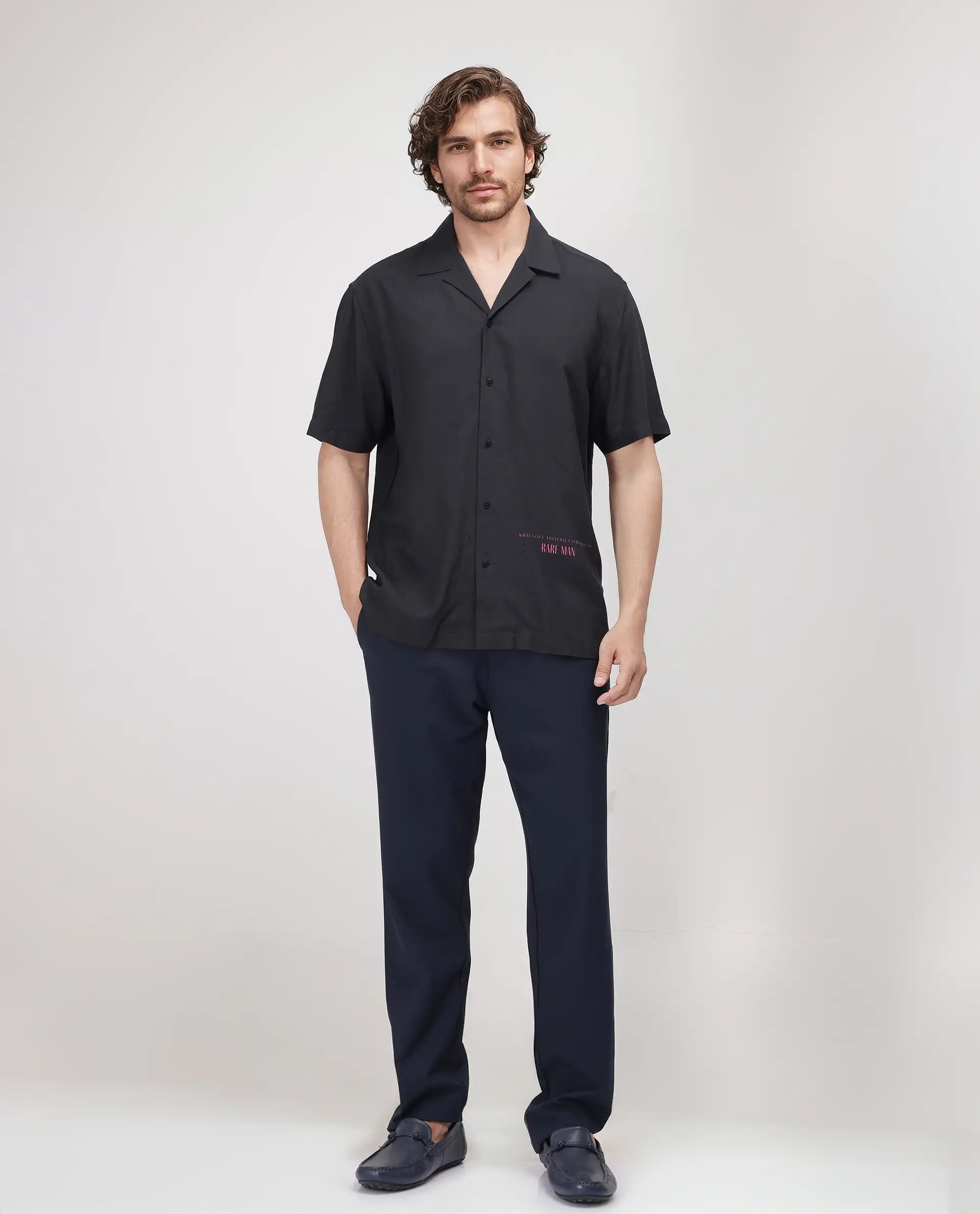 Rare Rabbit Men's Caro-S Black Cotton Fabric Short Sleeve Collared Neck Button Closure Printed Shirt