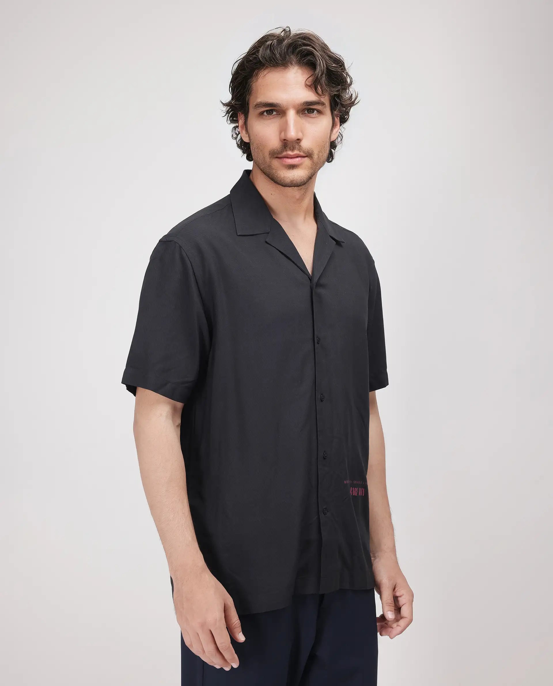 Rare Rabbit Men's Caro-S Black Cotton Fabric Short Sleeve Collared Neck Button Closure Printed Shirt