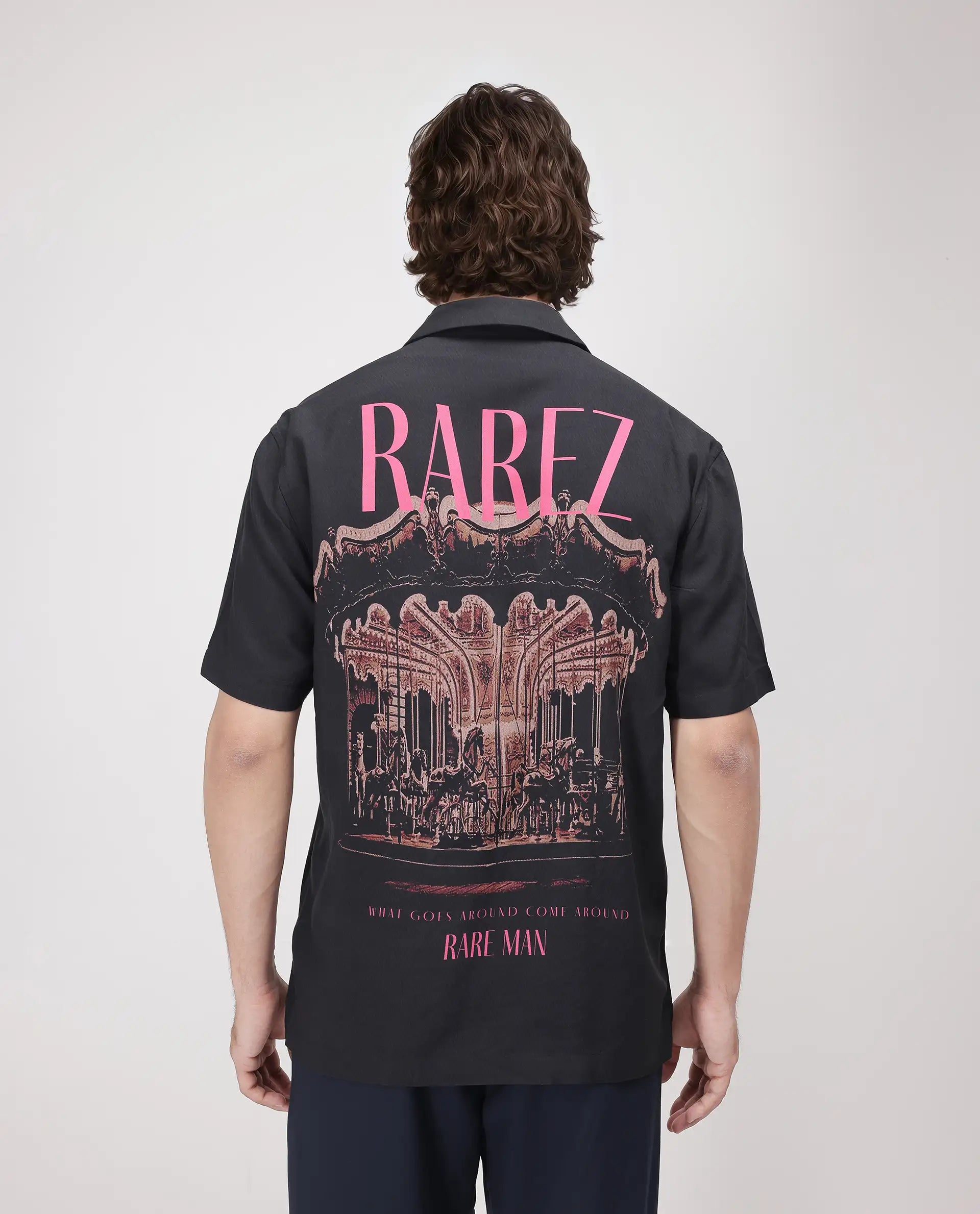 Rare Rabbit Men's Caro-S Black Cotton Fabric Short Sleeve Collared Neck Button Closure Printed Shirt