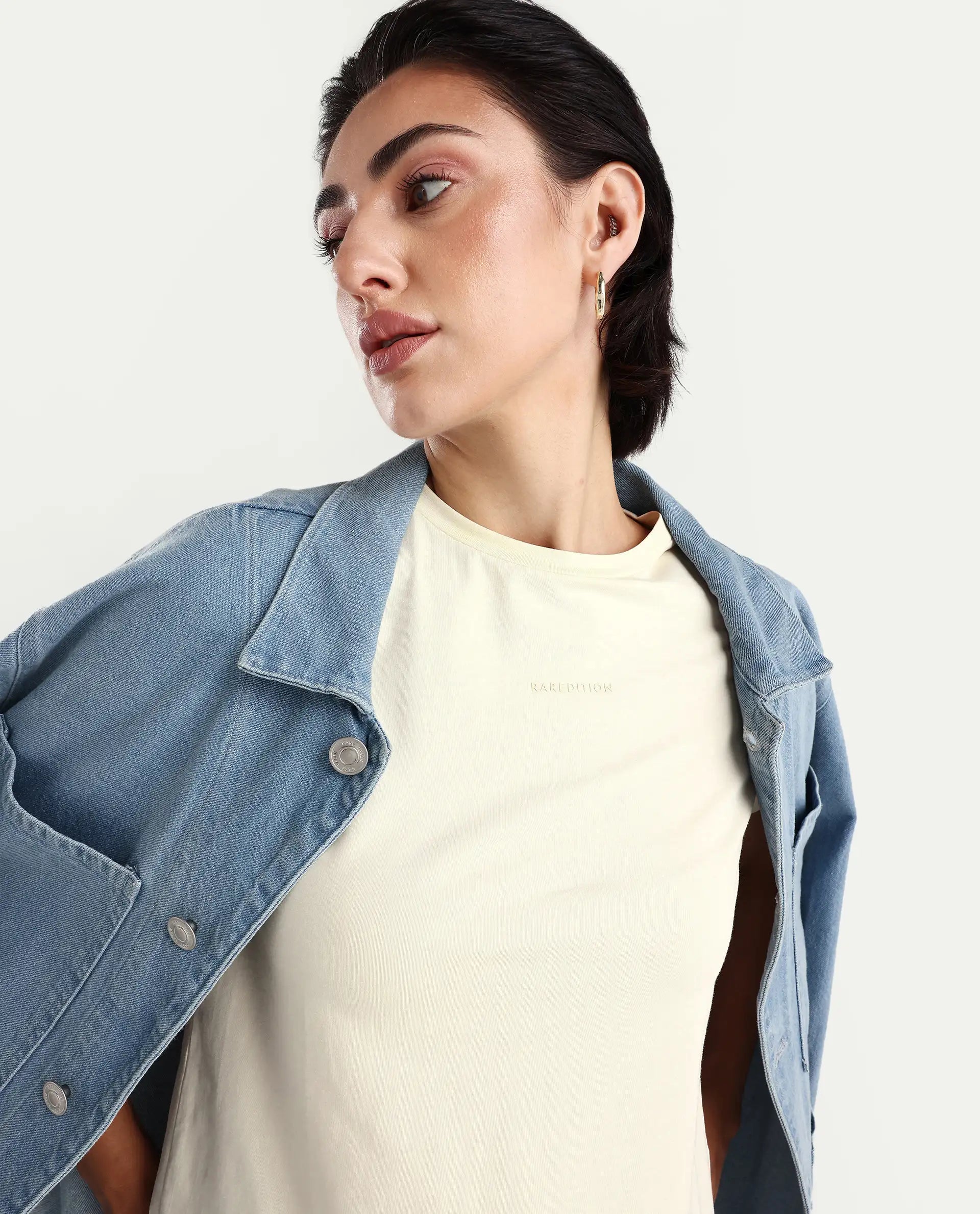 Rareism Women's Carob Off White Cotton Blend Crew Neck Typography Print Regular Fit T-Shirt