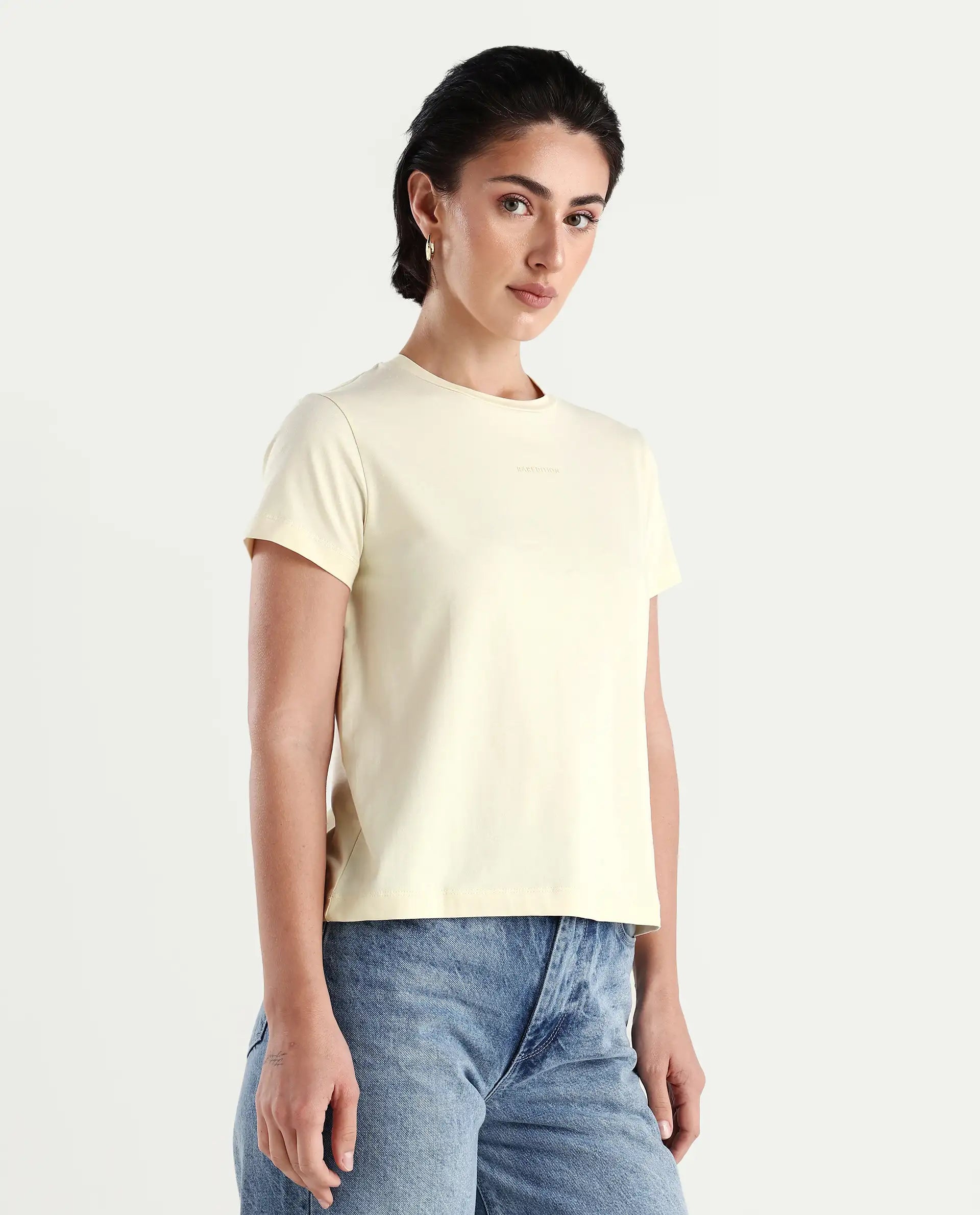 Rareism Women's Carob Off White Cotton Blend Crew Neck Typography Print Regular Fit T-Shirt