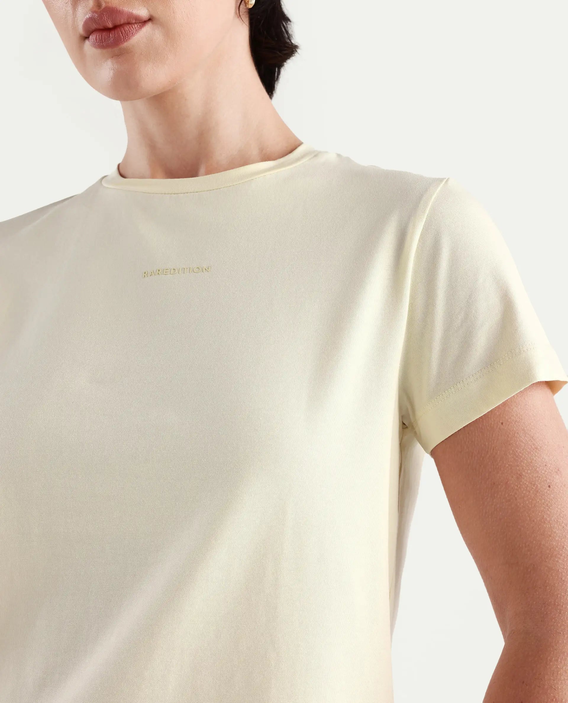 Rareism Women's Carob Off White Cotton Blend Crew Neck Typography Print Regular Fit T-Shirt