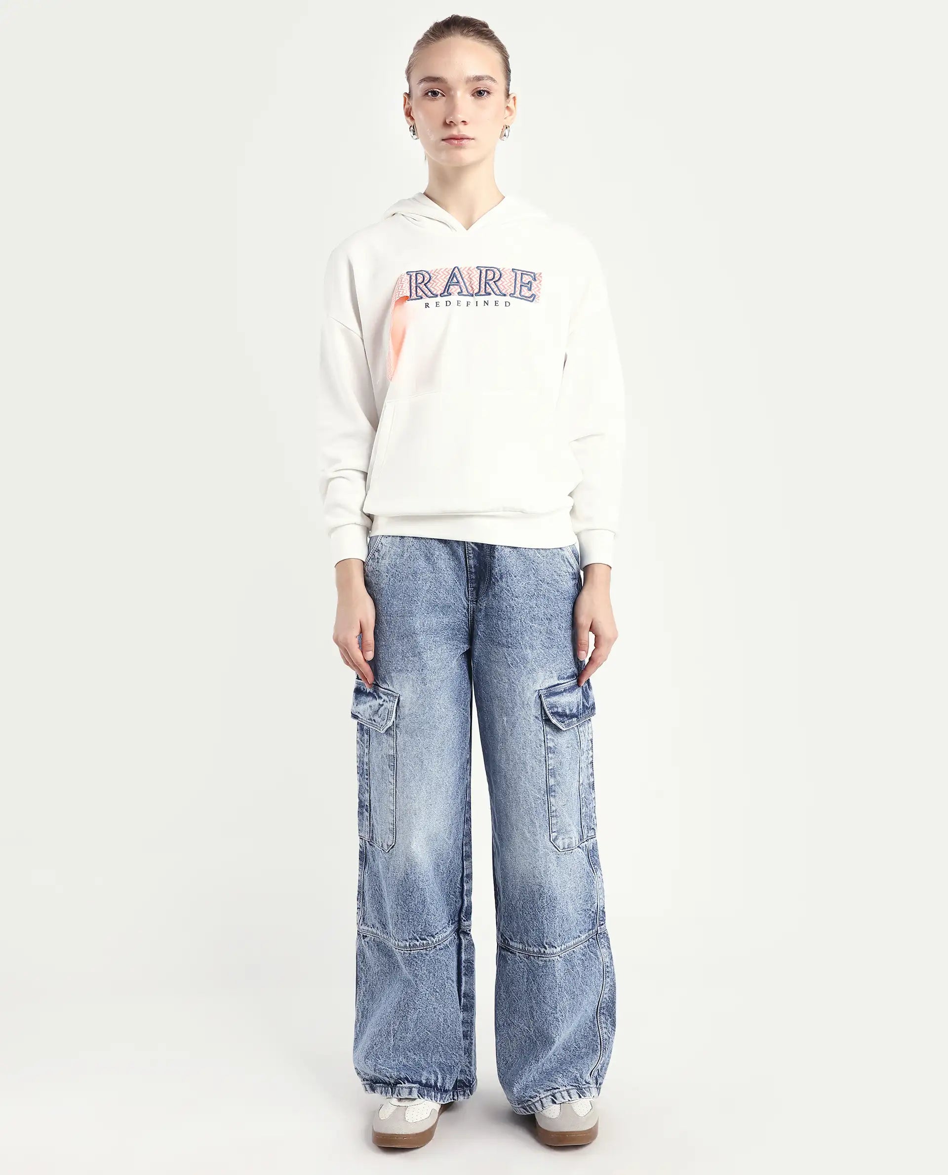 Rareism Women's Caro Light Blue Cotton Plain Ankle Length Baggy Jeans