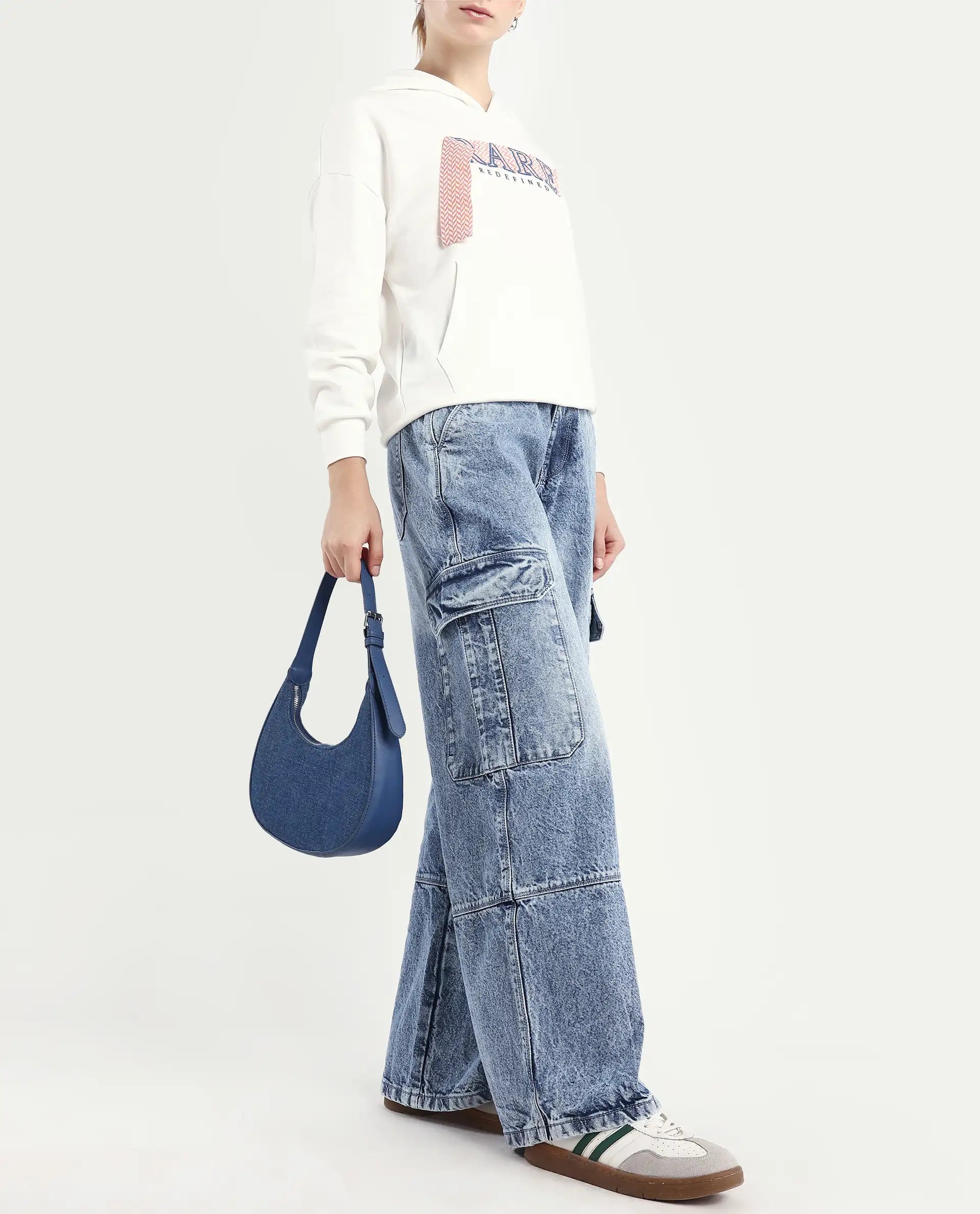 Rareism Women's Caro Light Blue Cotton Plain Ankle Length Baggy Jeans