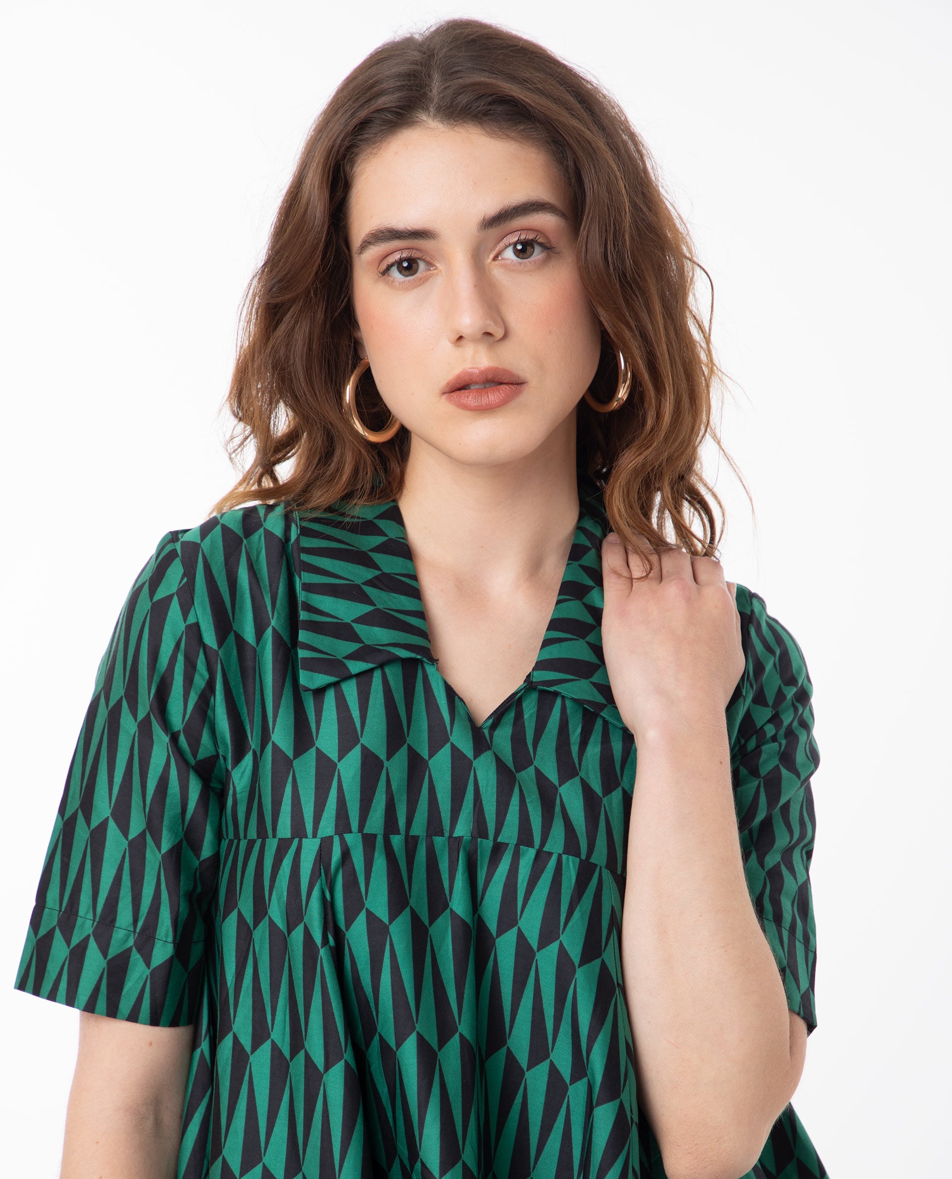 Rareism Women Carolin Green Cotton Fabric Short Sleeves Shirt Collar Fit And Flare Geometric Print Knee Length Boxy Dress