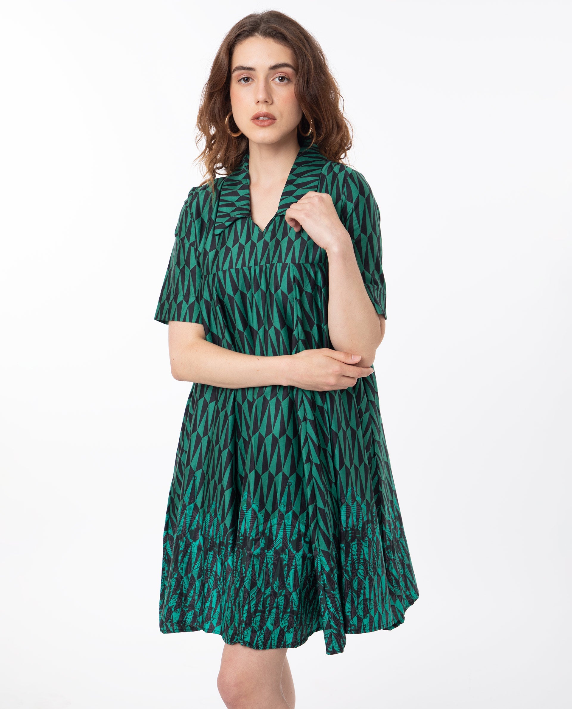 Rareism Women Carolin Green Cotton Fabric Short Sleeves Shirt Collar Fit And Flare Geometric Print Knee Length Boxy Dress