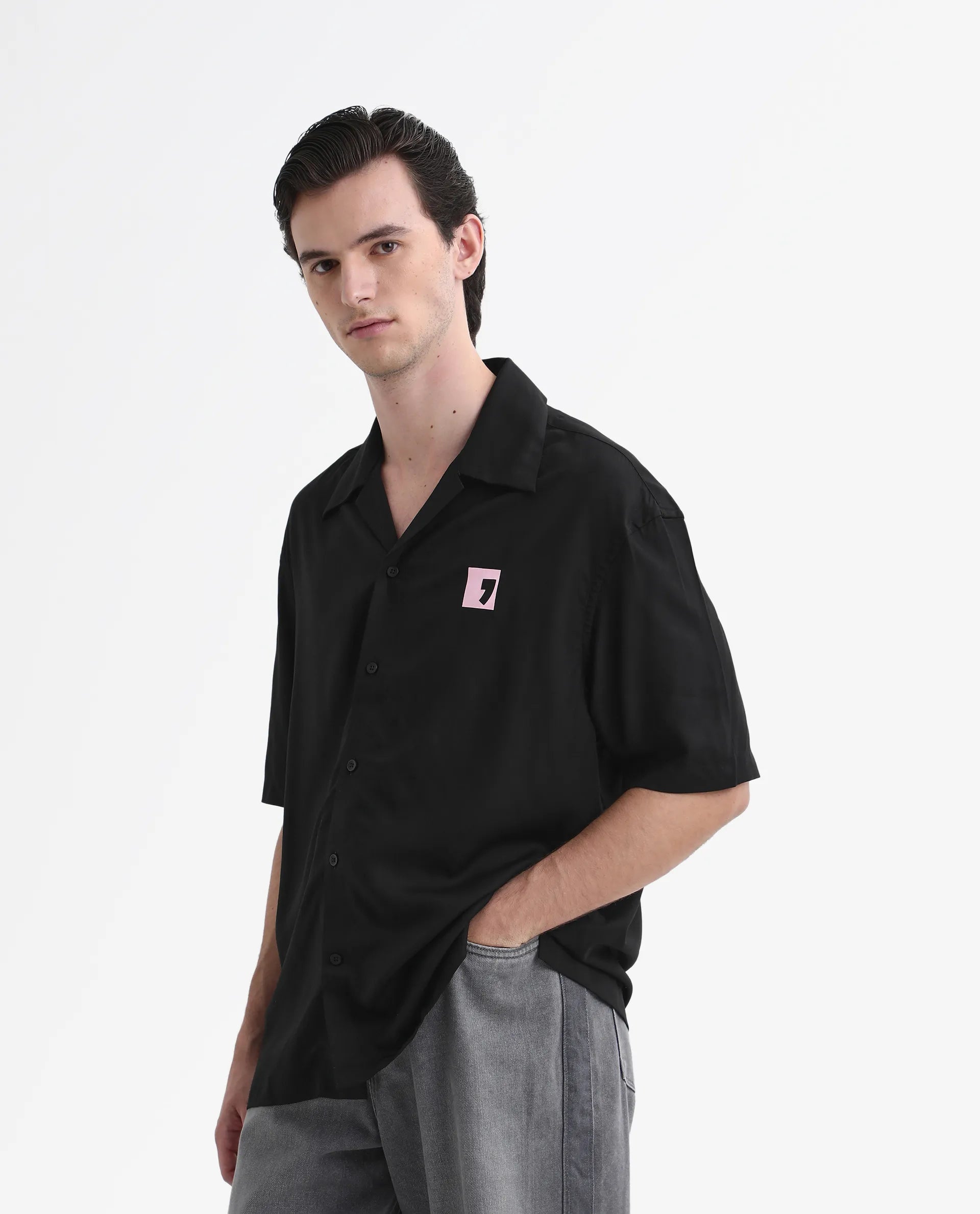 Rare Rabbit Men's Caroo Black Cotton Graphic Print Boxy Fit Half Sleeve Cuban Collar Shirt