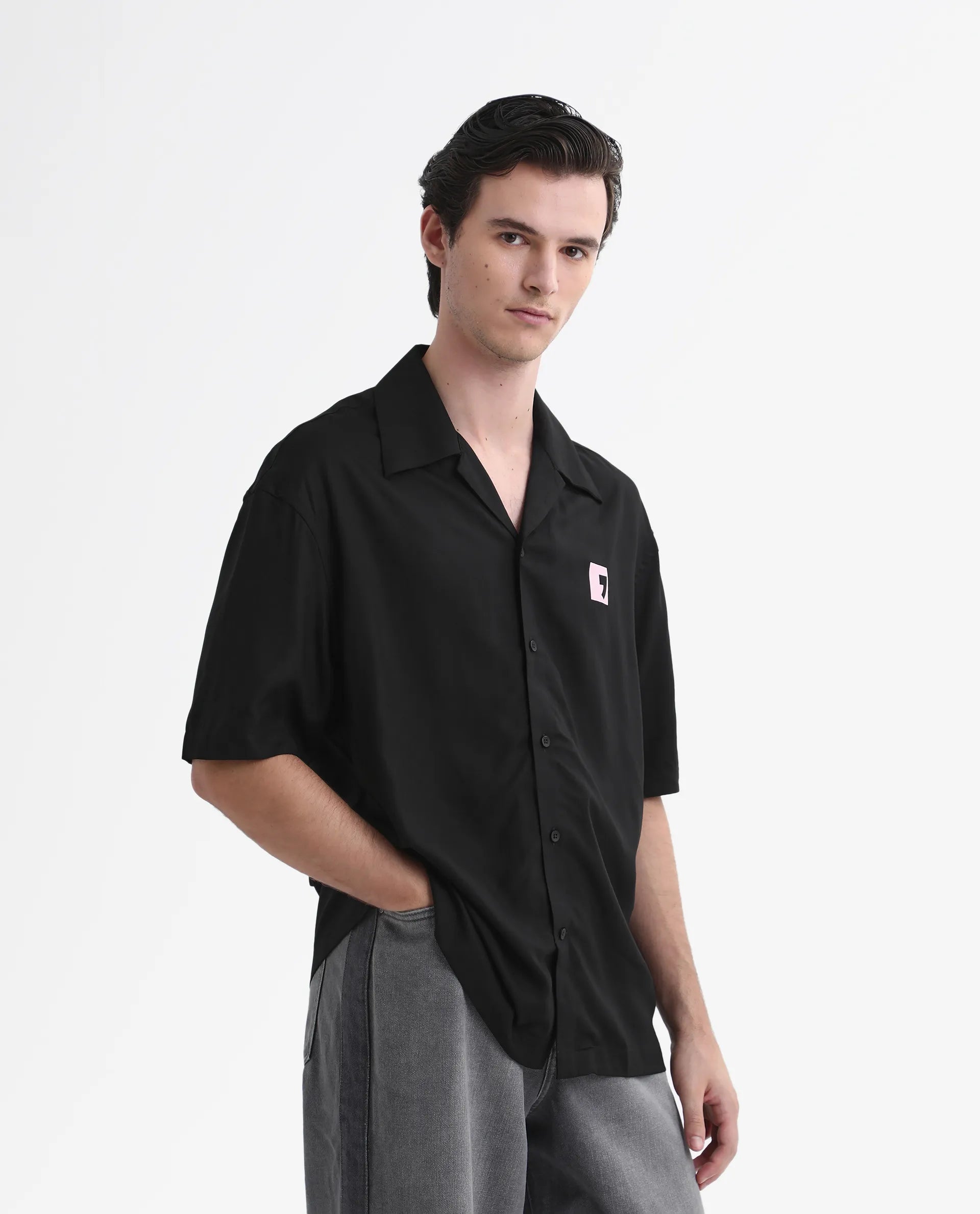 Rare Rabbit Men's Caroo Black Cotton Graphic Print Boxy Fit Half Sleeve Cuban Collar Shirt