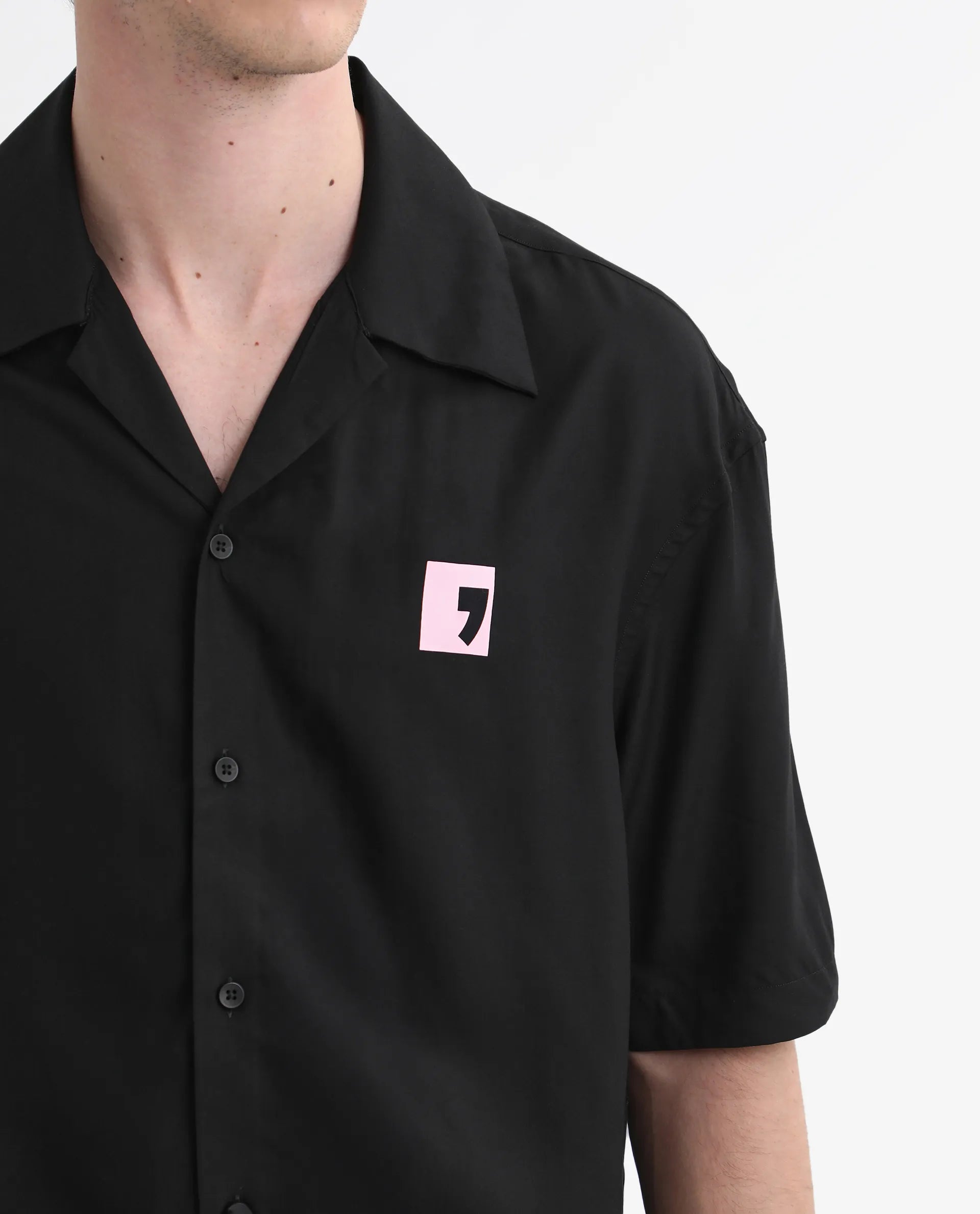 Rare Rabbit Men's Caroo Black Cotton Graphic Print Boxy Fit Half Sleeve Cuban Collar Shirt