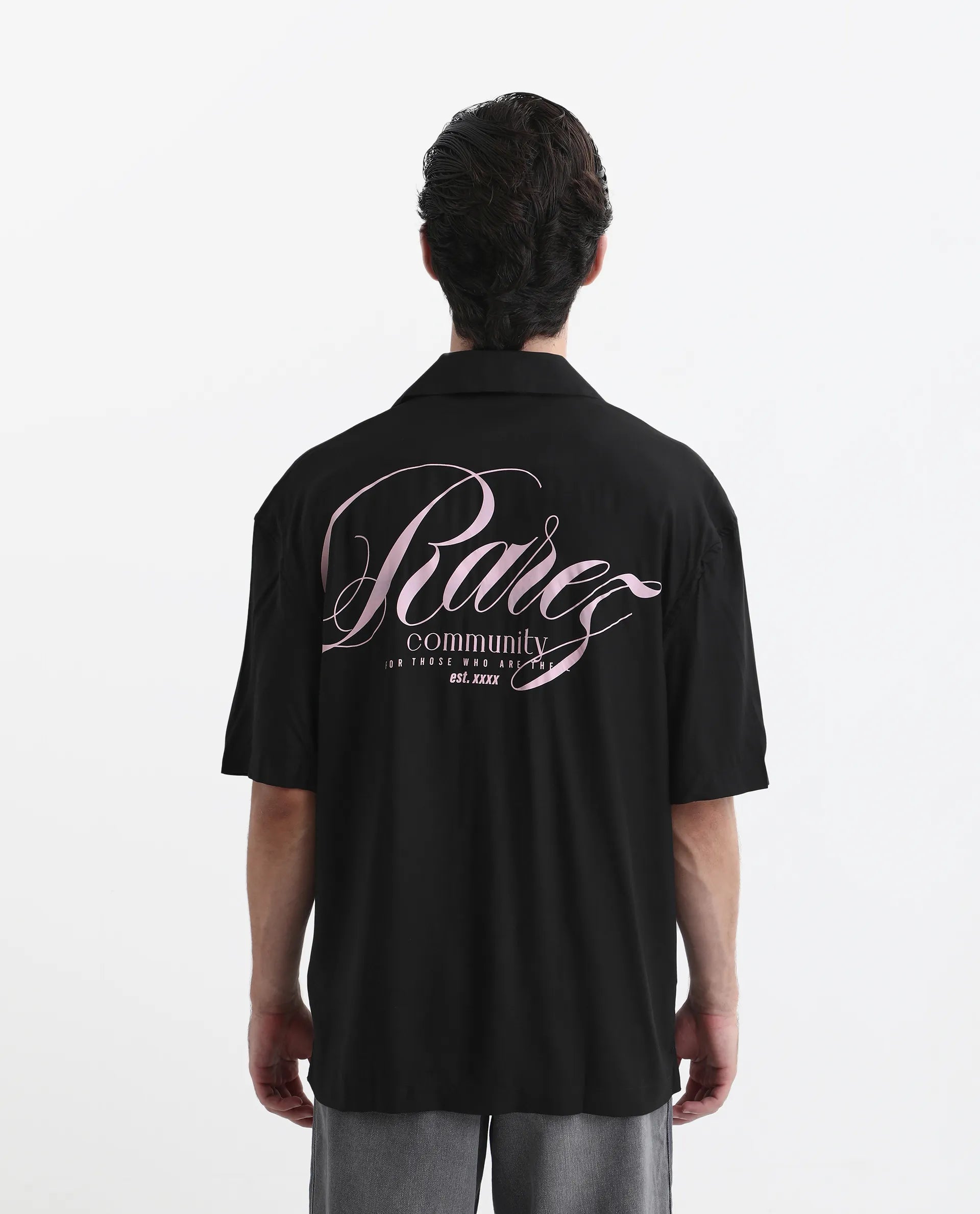 Rare Rabbit Men's Caroo Black Cotton Graphic Print Boxy Fit Half Sleeve Cuban Collar Shirt