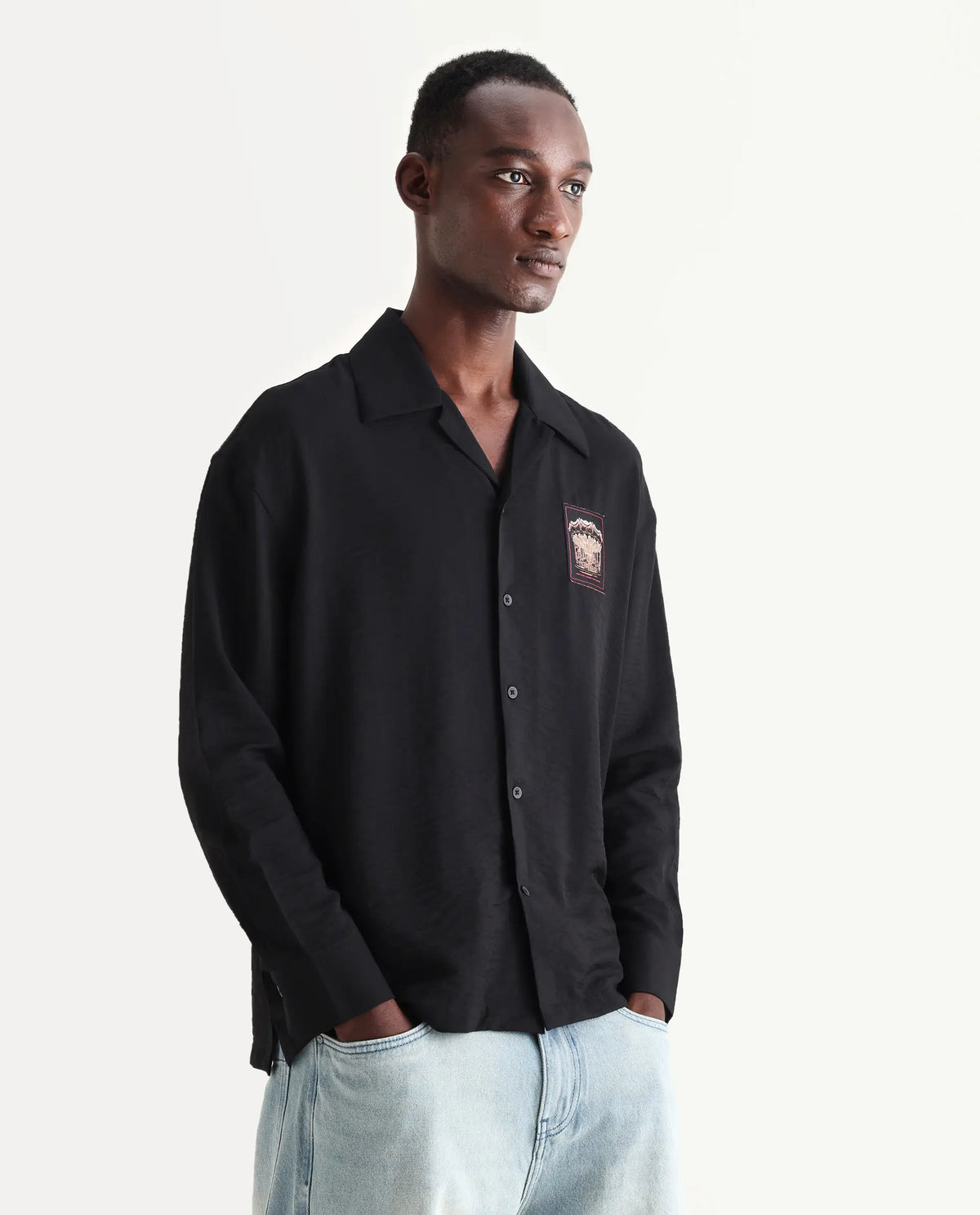 Rare Rabbit Men's Carost Black Cotton Applique Print Boxy Fit Full Sleeve Cuban Collar Shirt