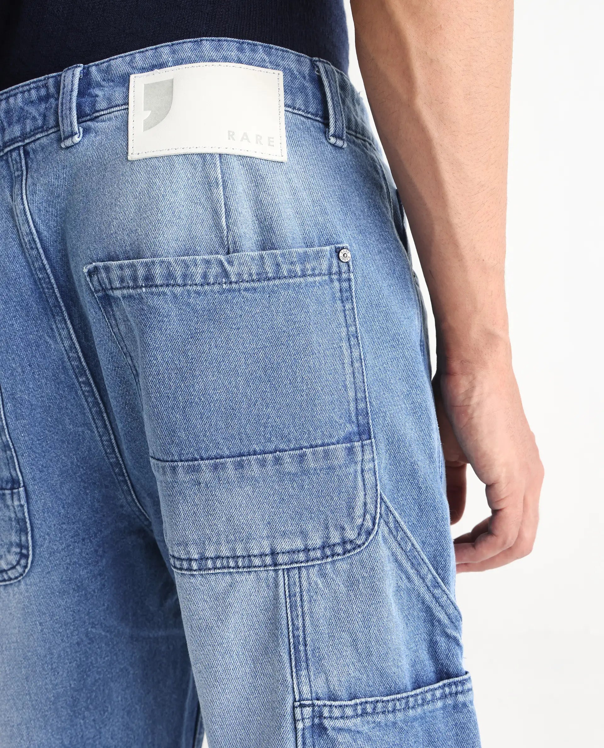 Rare Rabbit Men's Carpenter-2 Blue Cotton Plain Carpenter Fit Jeans