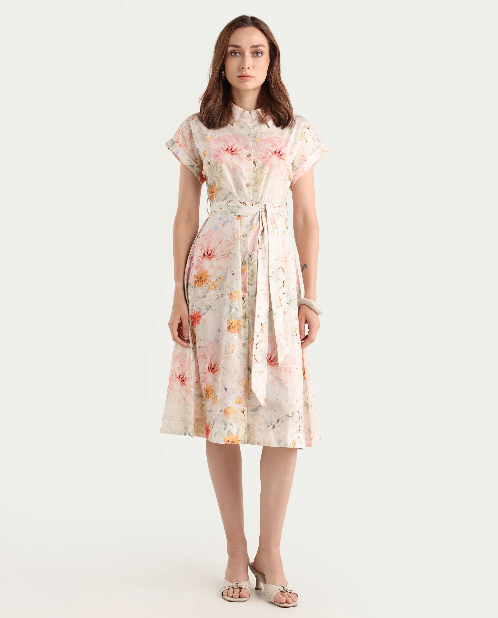 Rareism Women's Carpi Multi Cotton Drop Collar Floral Print Extended Sleeves Knee Length Regular Fit Dress