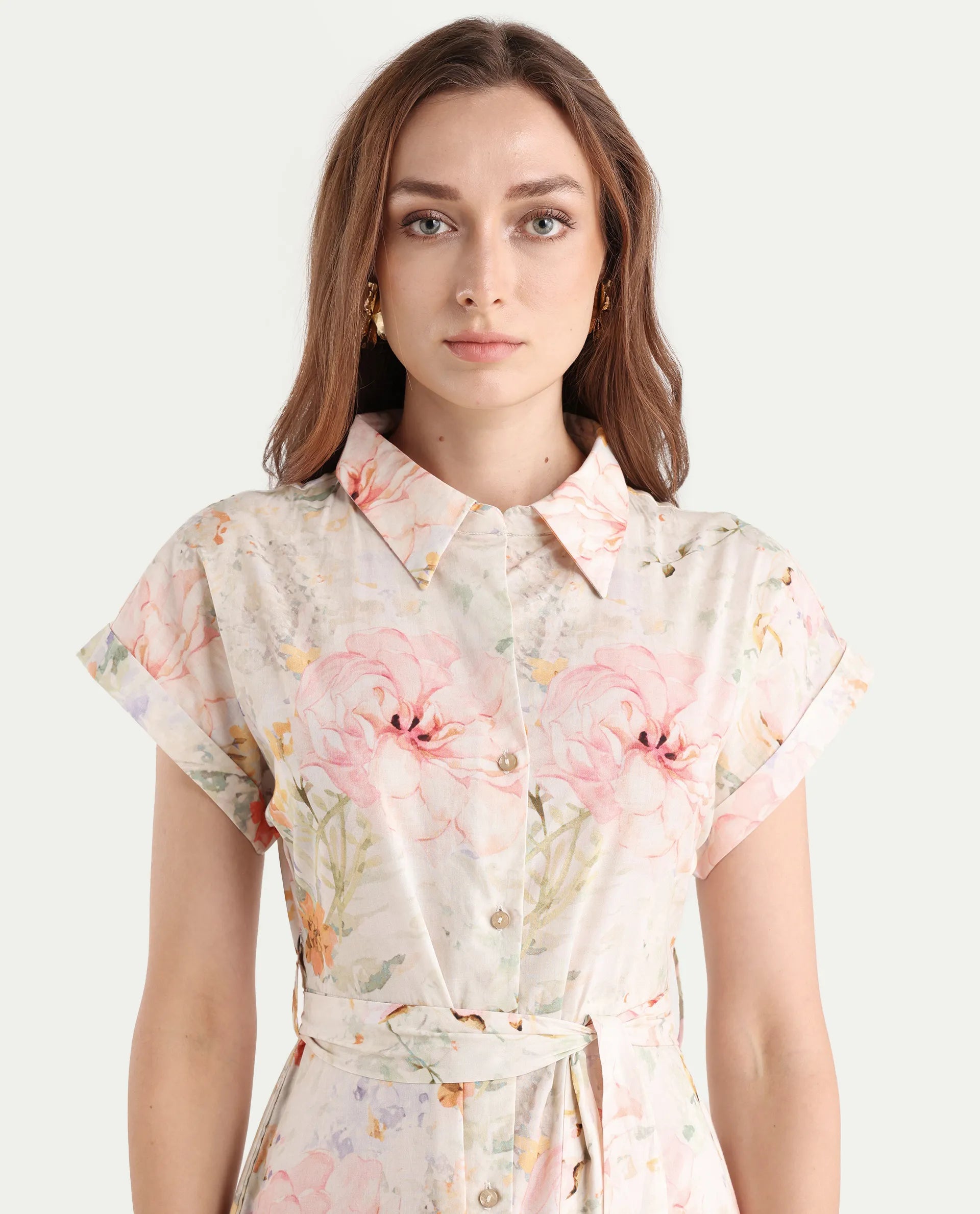 Rareism Women's Carpi Multi Cotton Drop Collar Floral Print Extended Sleeves Knee Length Regular Fit Dress