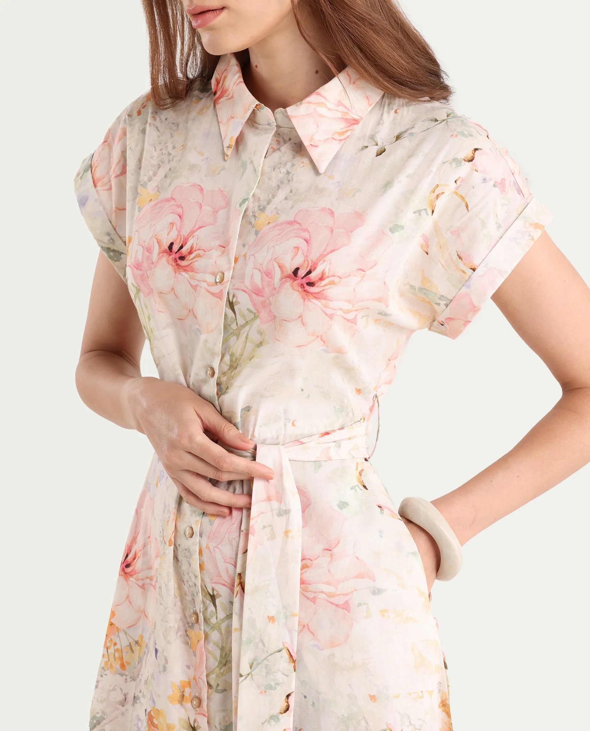 Rareism Women's Carpi Multi Cotton Drop Collar Floral Print Extended Sleeves Knee Length Regular Fit Dress