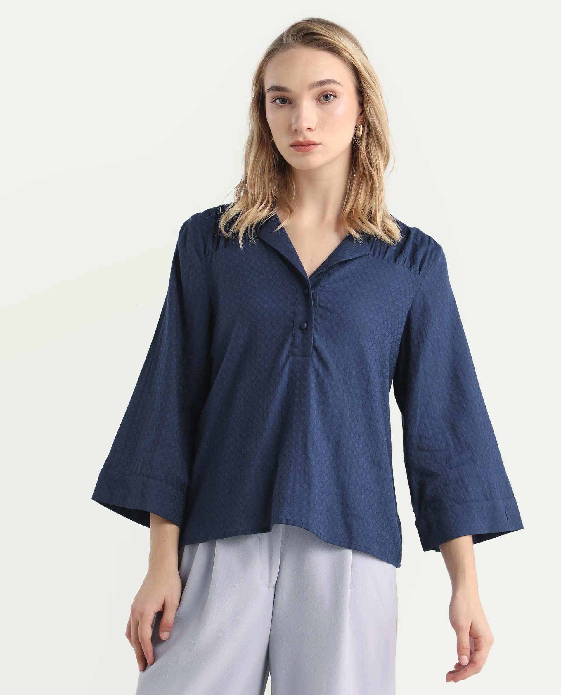 Rareism Women's Carrara Dark Blue Cotton Blend Lapel Neck Plain Regular Fit Top