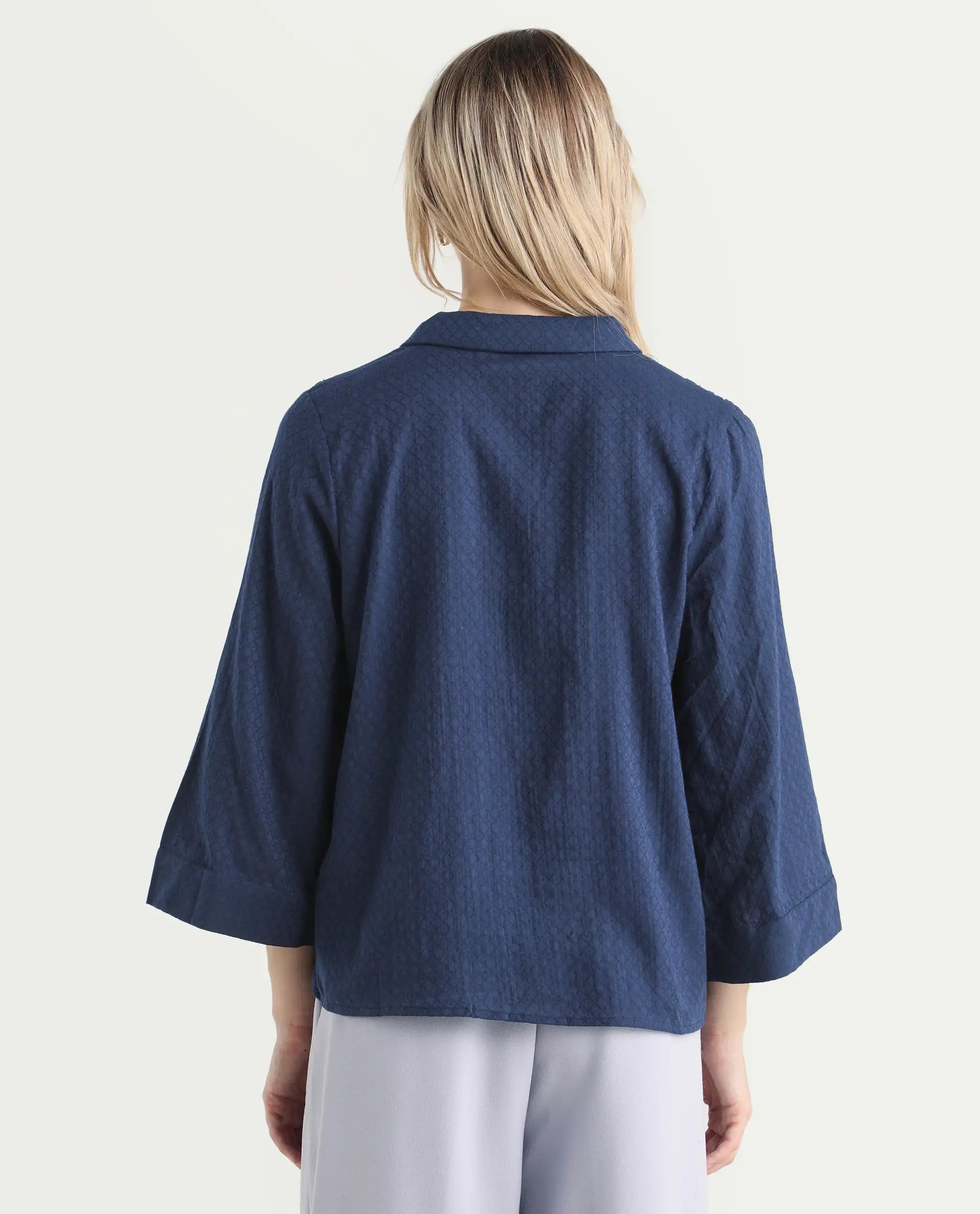 Rareism Women's Carrara Dark Blue Cotton Blend Lapel Neck Plain Regular Fit Top