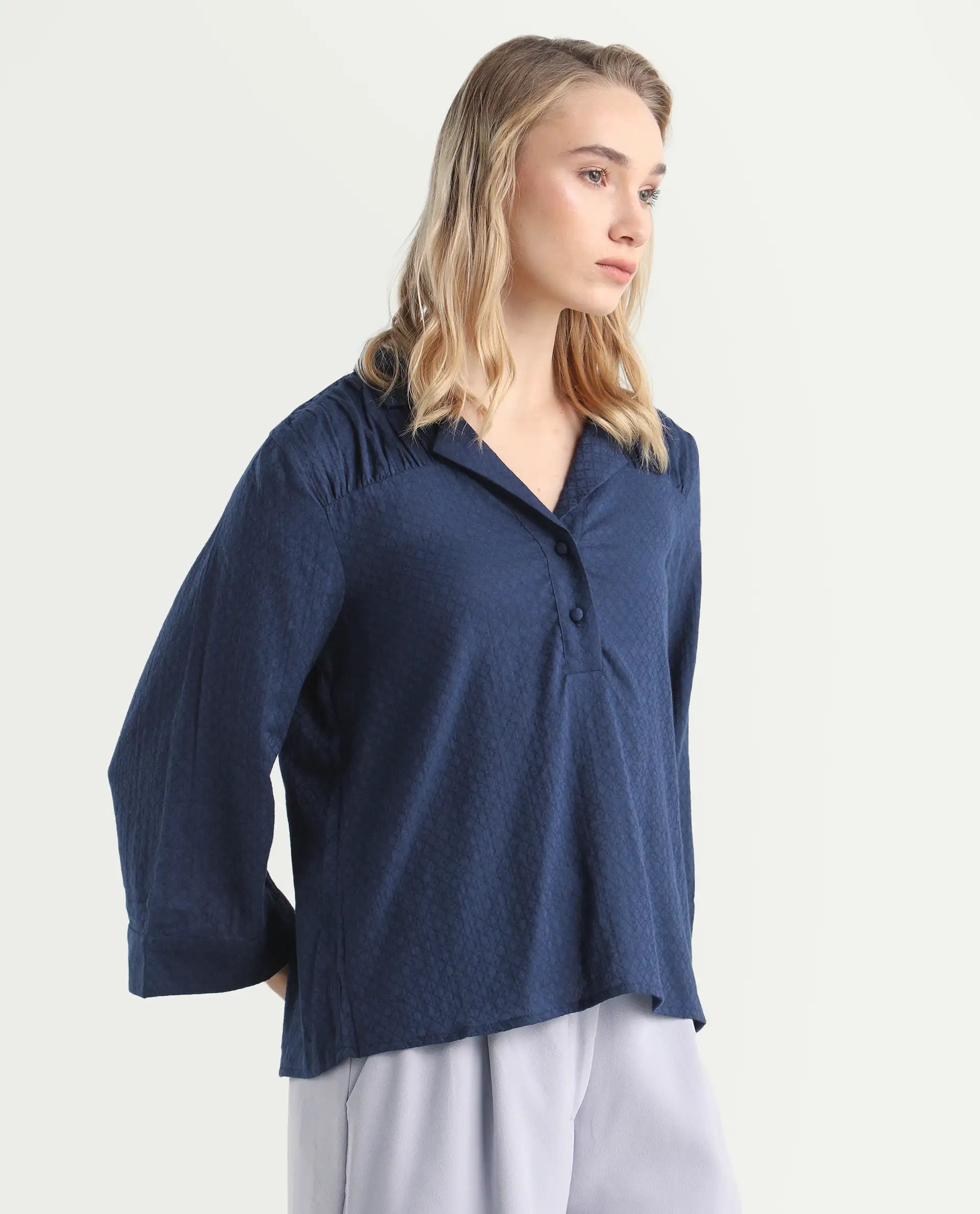 Rareism Women's Carrara Dark Blue Cotton Blend Lapel Neck Plain Regular Fit Top