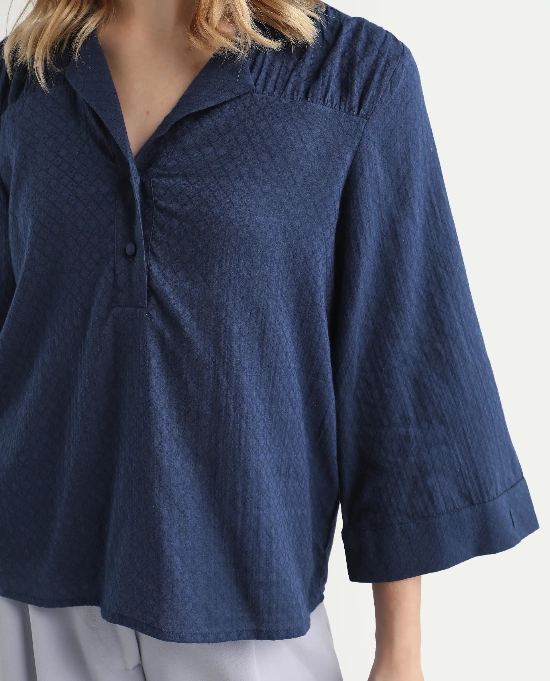 Rareism Women's Carrara Dark Blue Cotton Blend Lapel Neck Plain Regular Fit Top