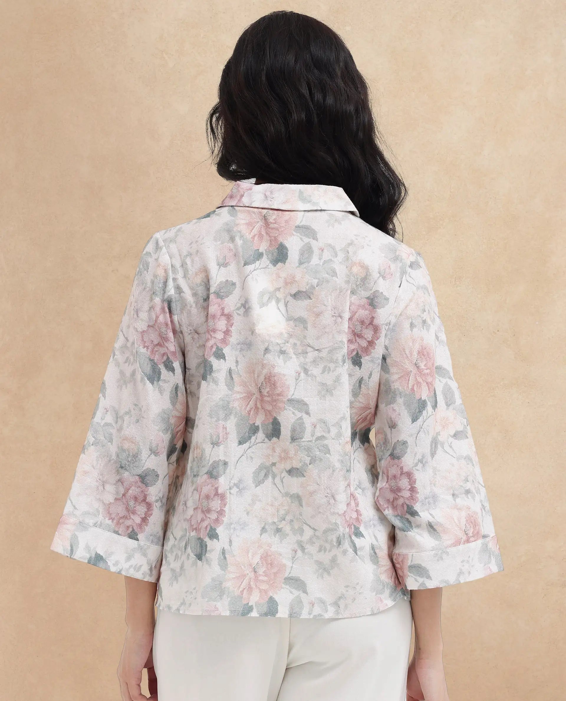 Rareism Women's Carrarao Light Multi Cotton Blend Lapel Neck Floral Print Regular Fit Top