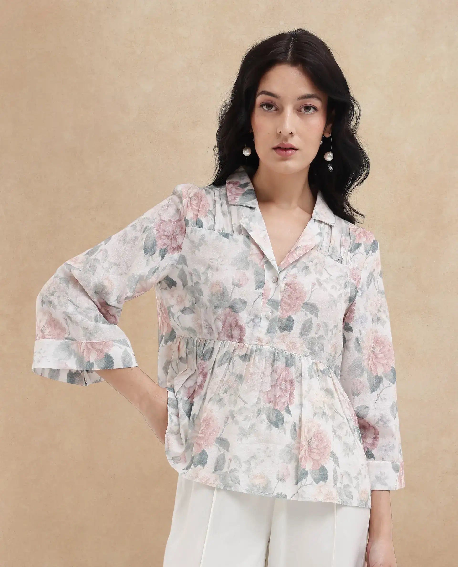 Rareism Women's Carrarao Light Multi Cotton Blend Lapel Neck Floral Print Regular Fit Top