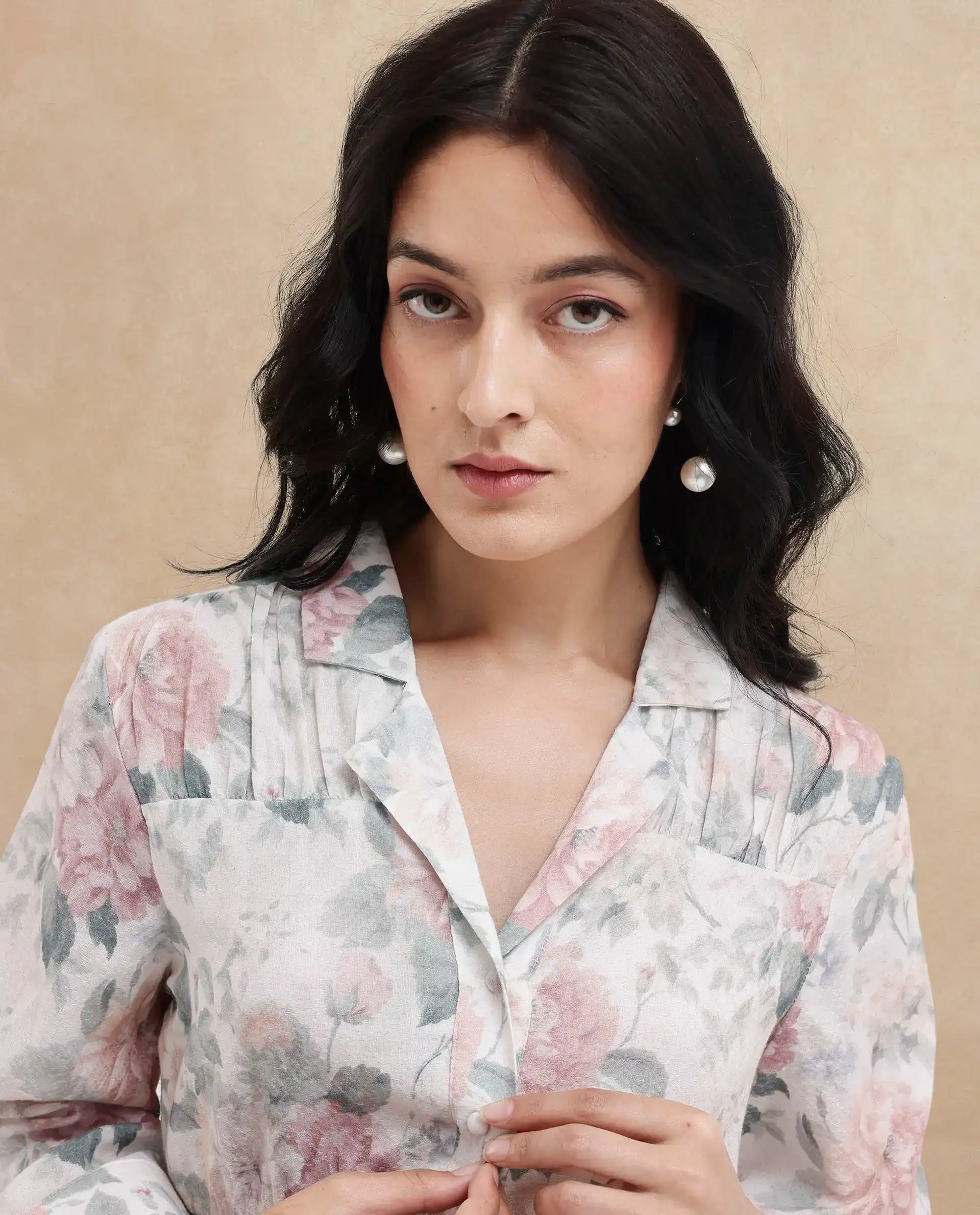 Rareism Women's Carrarao Light Multi Cotton Blend Lapel Neck Floral Print Regular Fit Top