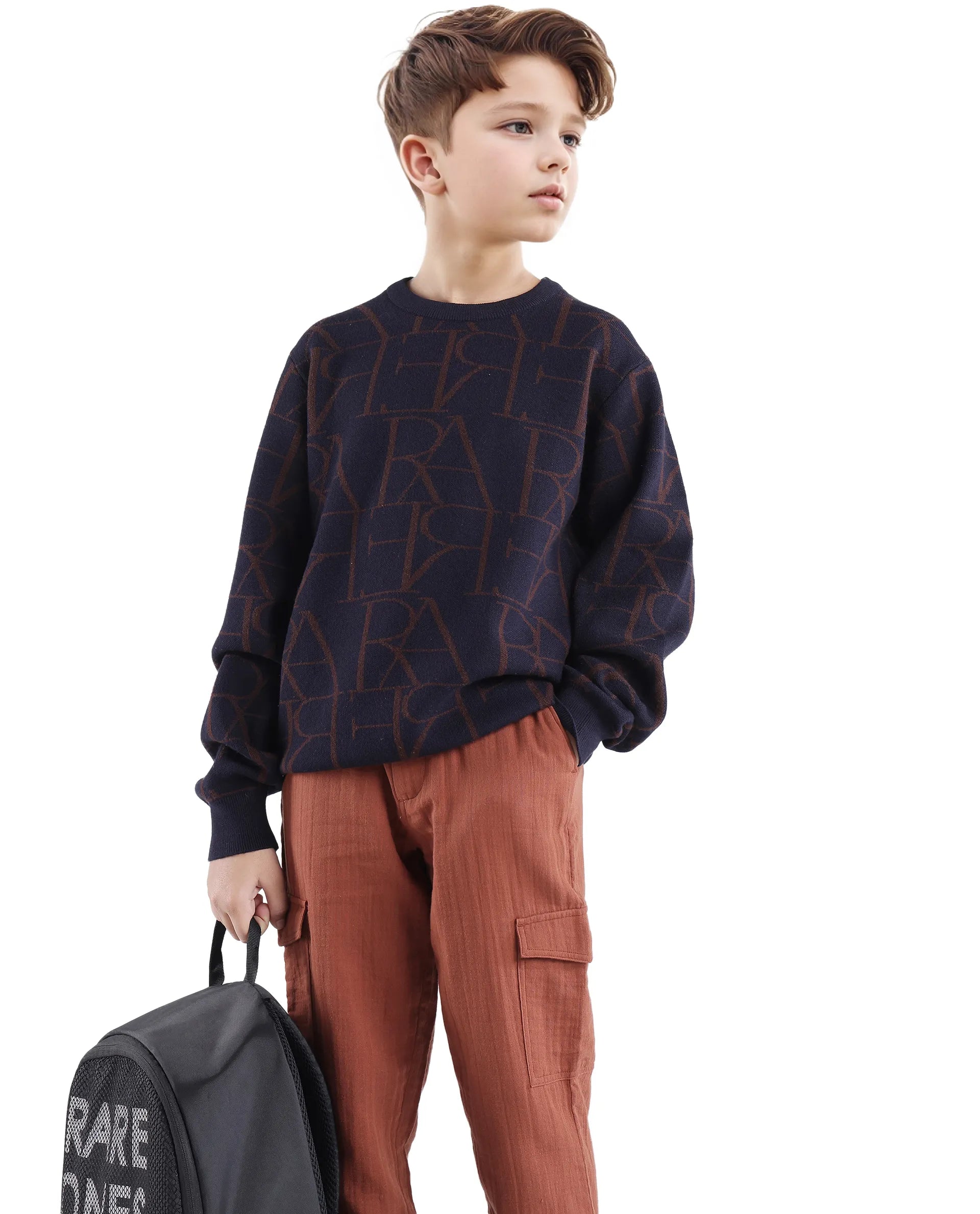 Rare Ones Kids Carrio Navy Full Sleeve Cotton Printed Regular Fit Sweater