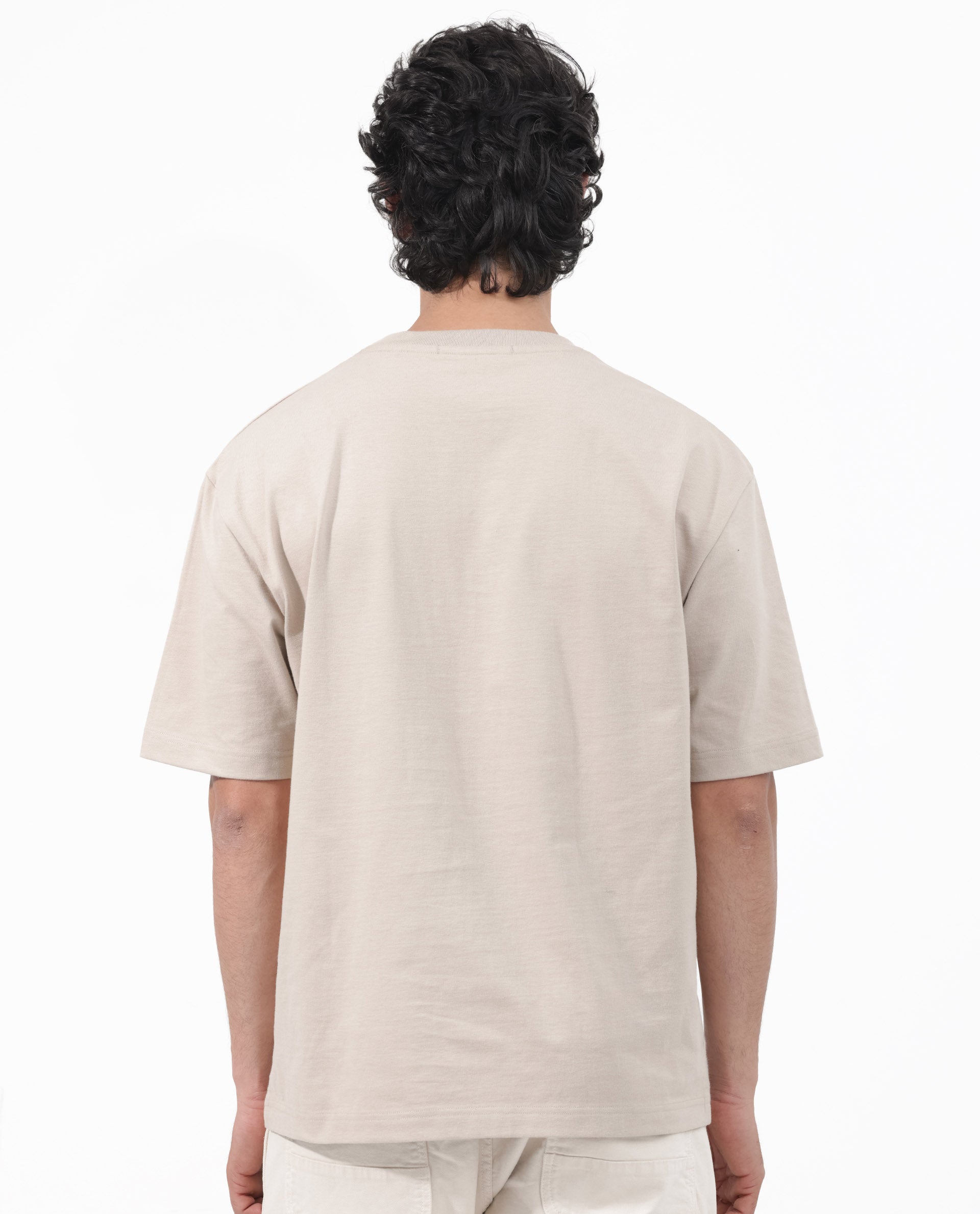 Rare Rabbit Articale Mens Carter Dusky Beige Cotton Fabric Short Sleeve Crew Neck Boxy Fit Printed T-Shirt