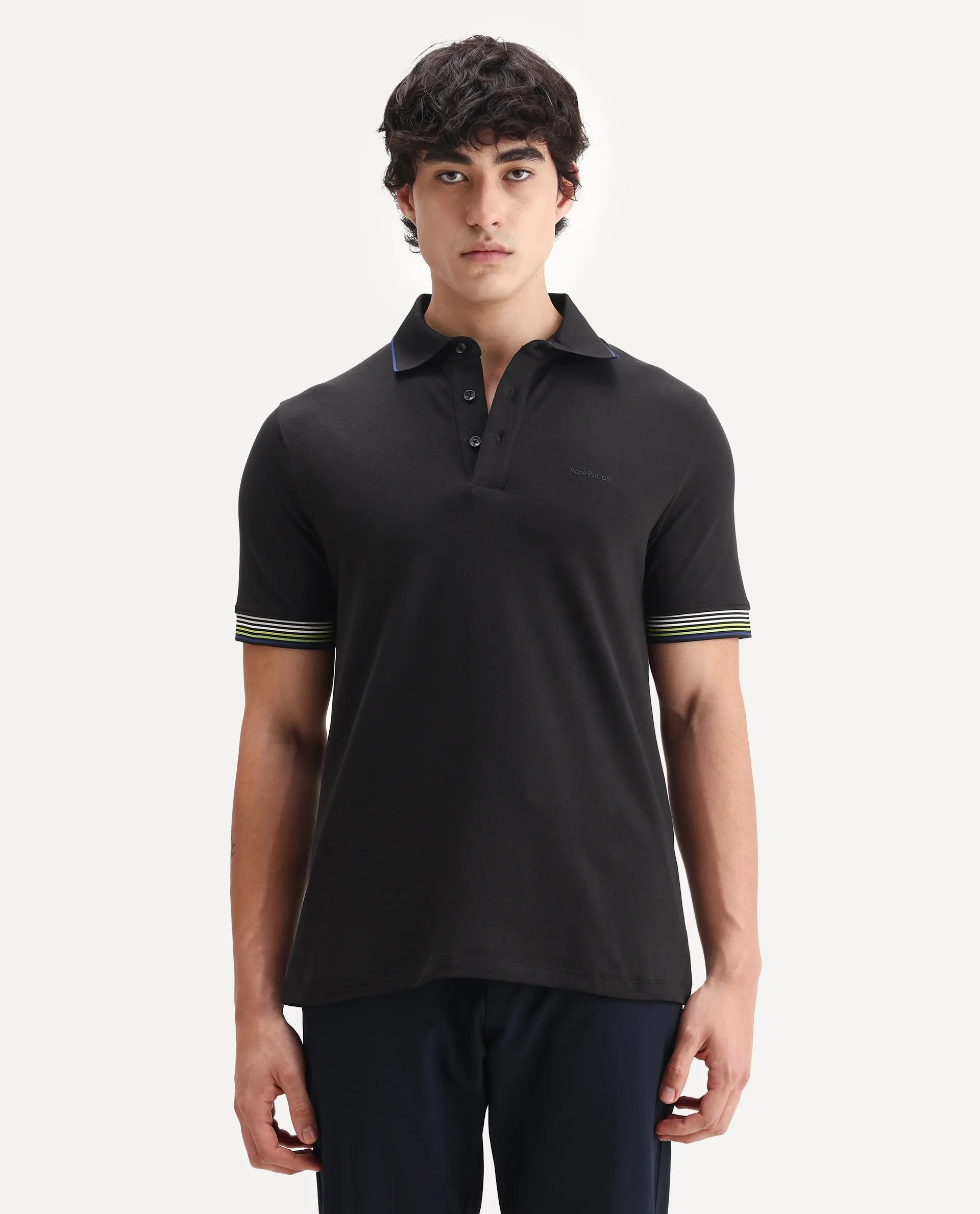 Rare Rabbit Men's Carter Black Cotton Plain Regular Fit Half Sleeve Polo