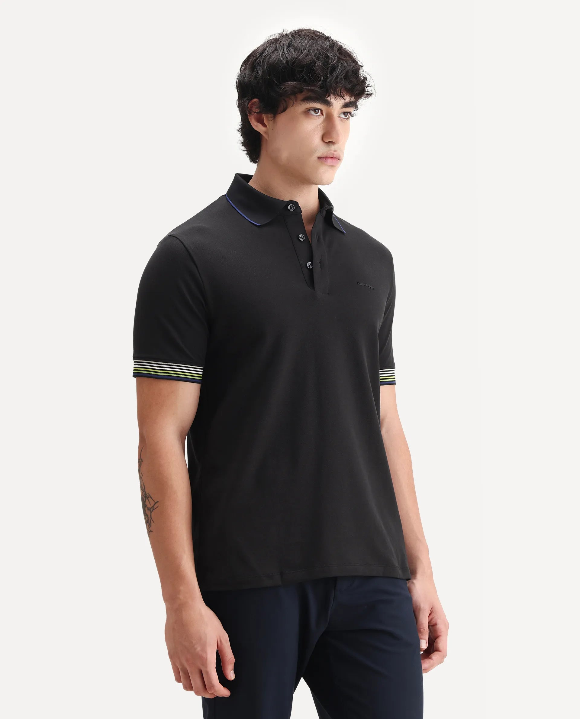 Rare Rabbit Men's Carter Black Cotton Plain Regular Fit Half Sleeve Polo