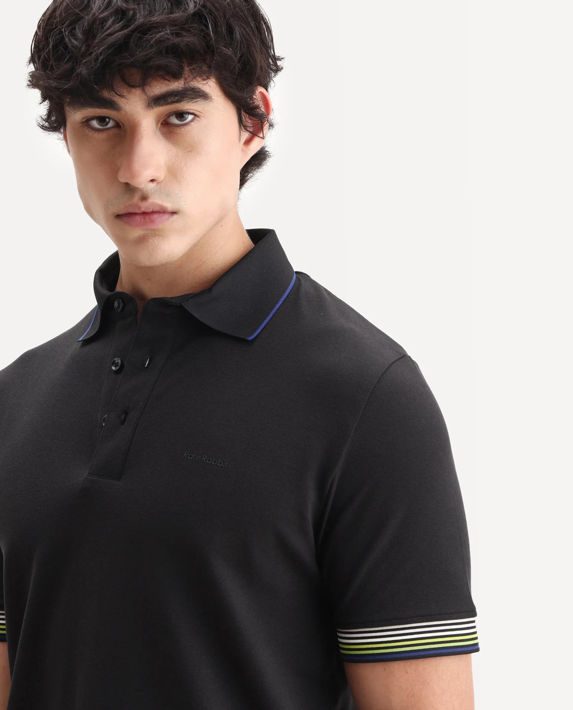 Rare Rabbit Men's Carter Black Cotton Plain Regular Fit Half Sleeve Polo