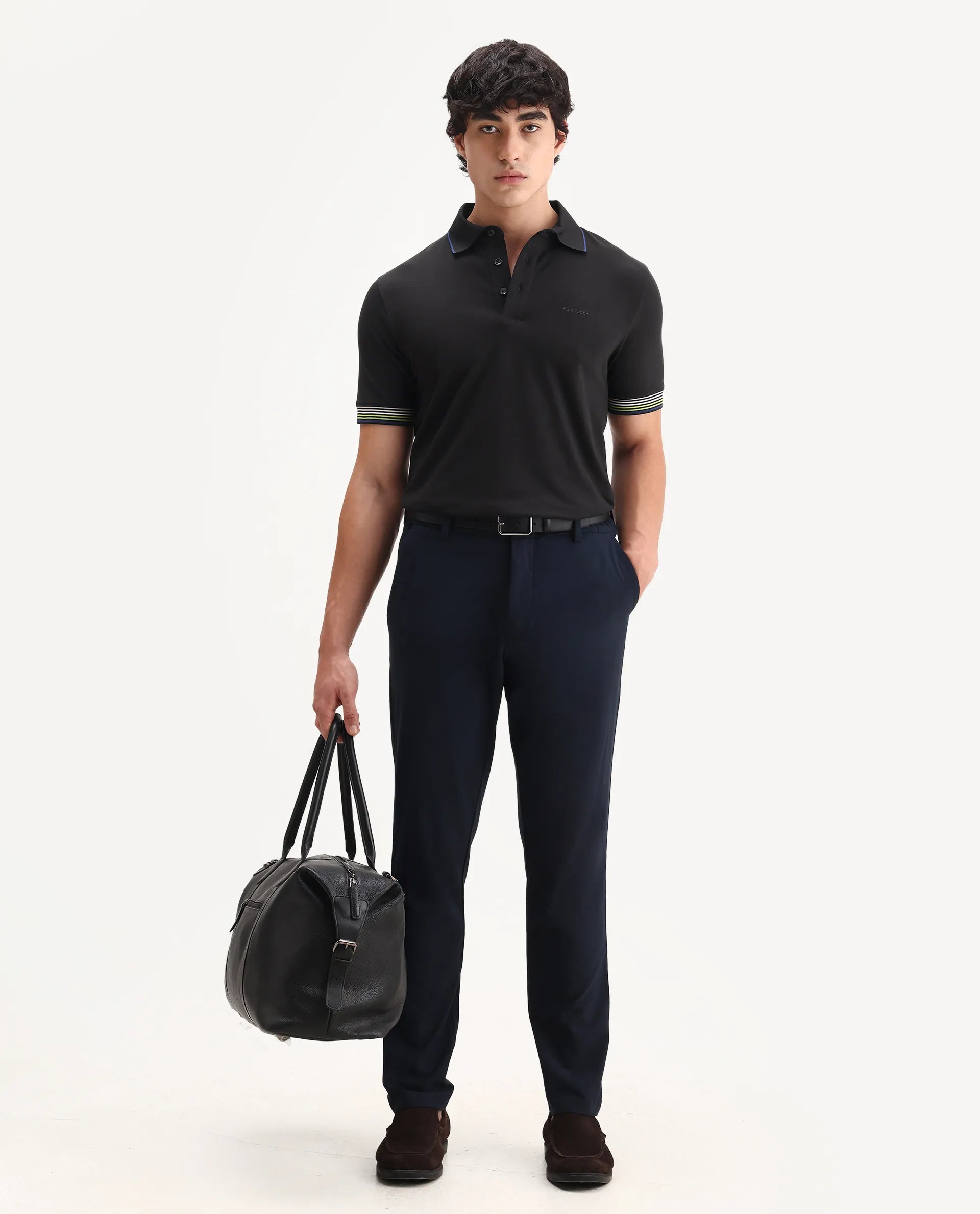 Rare Rabbit Men's Carter Black Cotton Plain Regular Fit Half Sleeve Polo