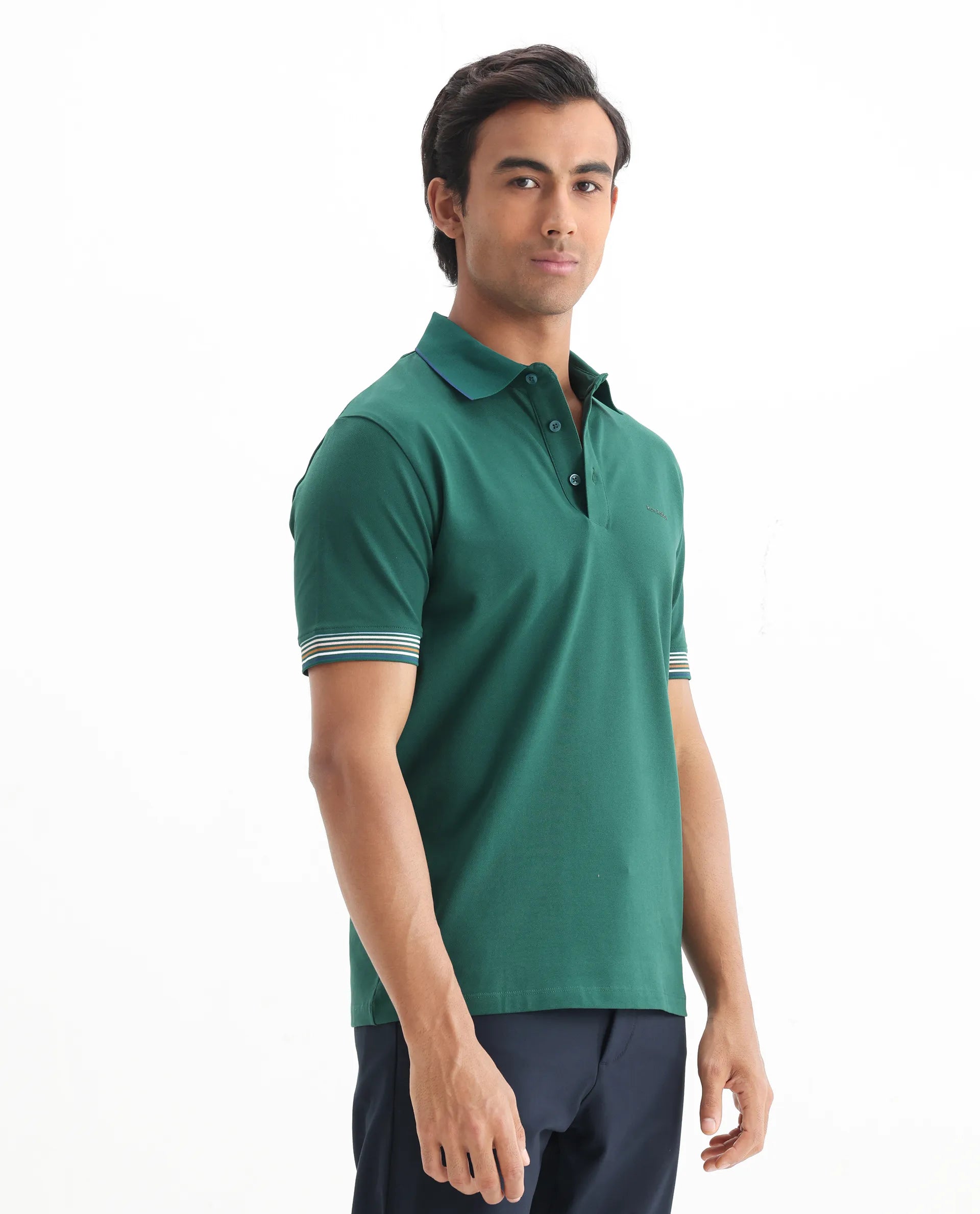 Rare Rabbit Men's Carter Dark Green Cotton Plain Regular Fit Half Sleeve Polo