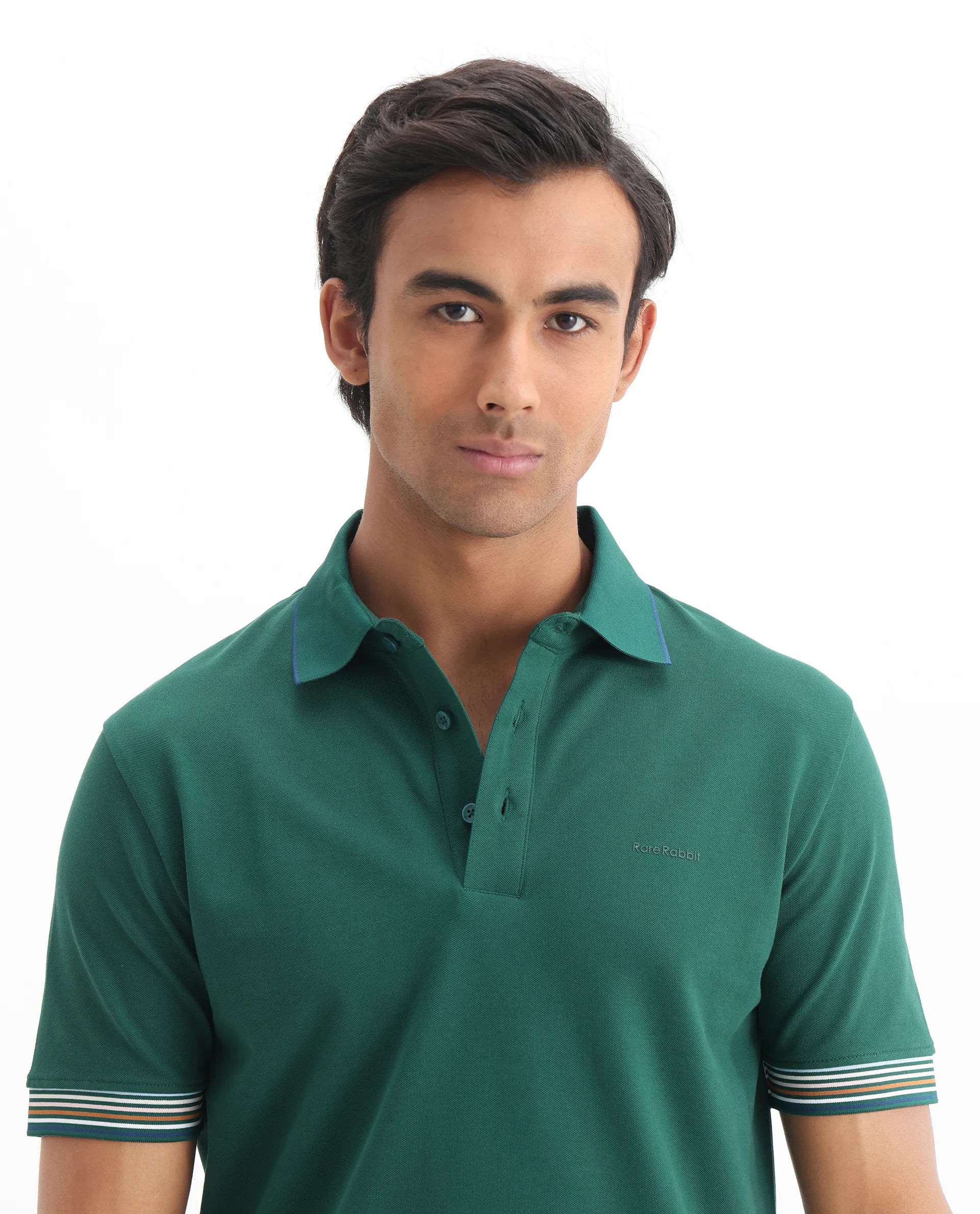 Rare Rabbit Men's Carter Dark Green Cotton Plain Regular Fit Half Sleeve Polo