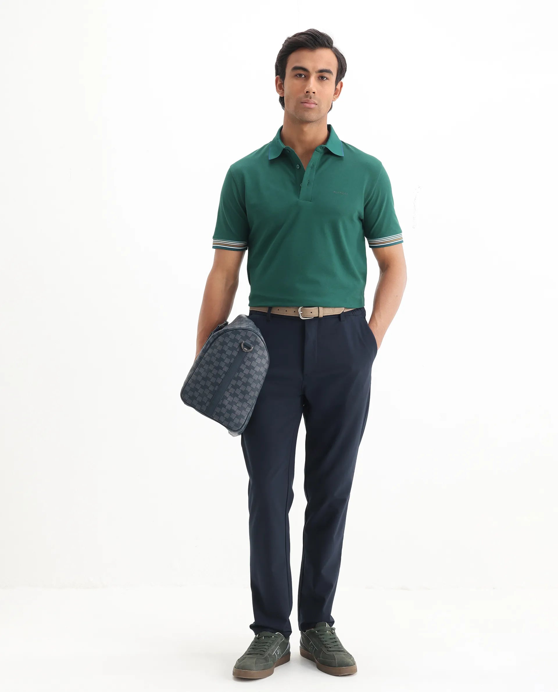 Rare Rabbit Men's Carter Dark Green Cotton Plain Regular Fit Half Sleeve Polo