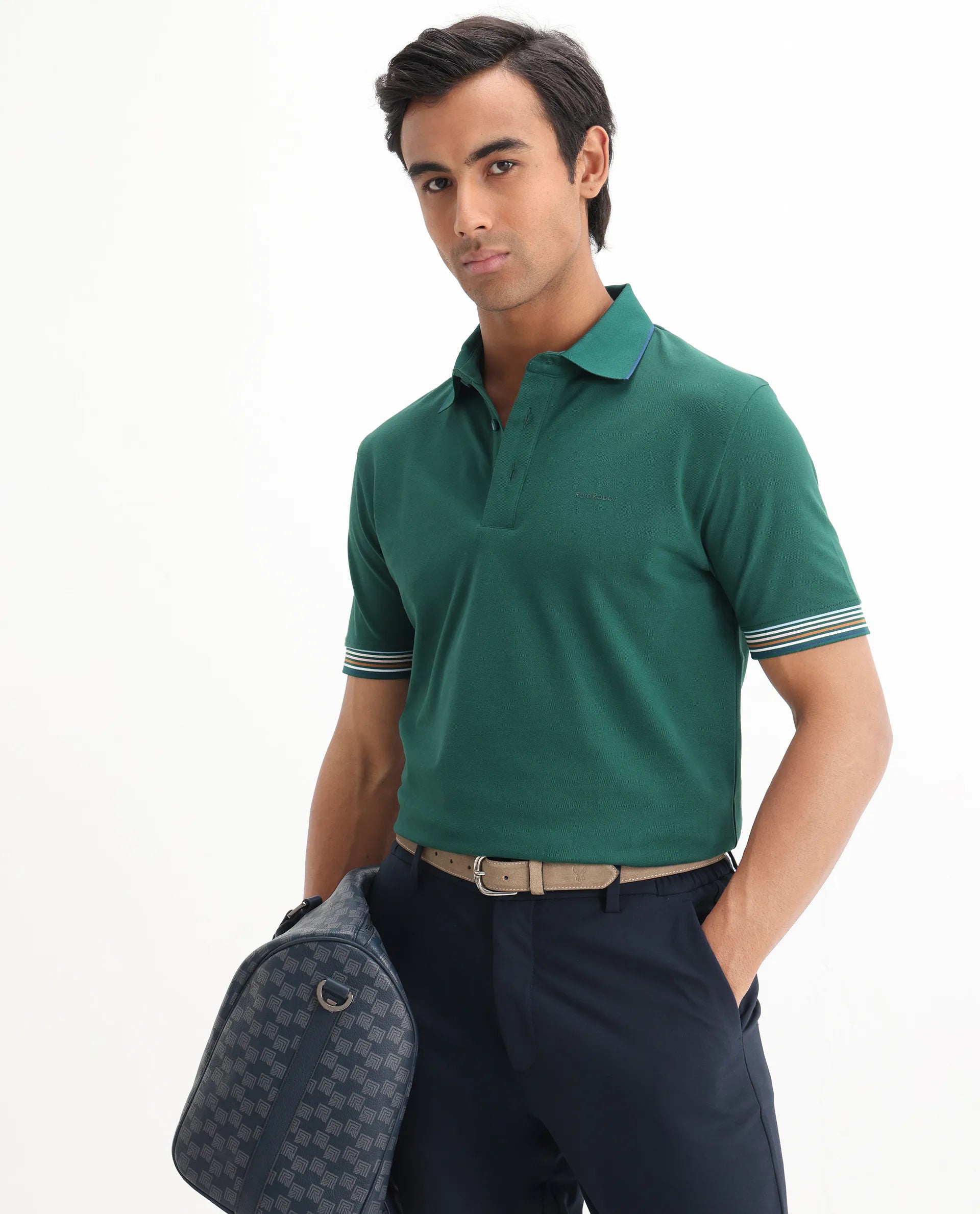 Rare Rabbit Men's Carter Dark Green Cotton Plain Regular Fit Half Sleeve Polo