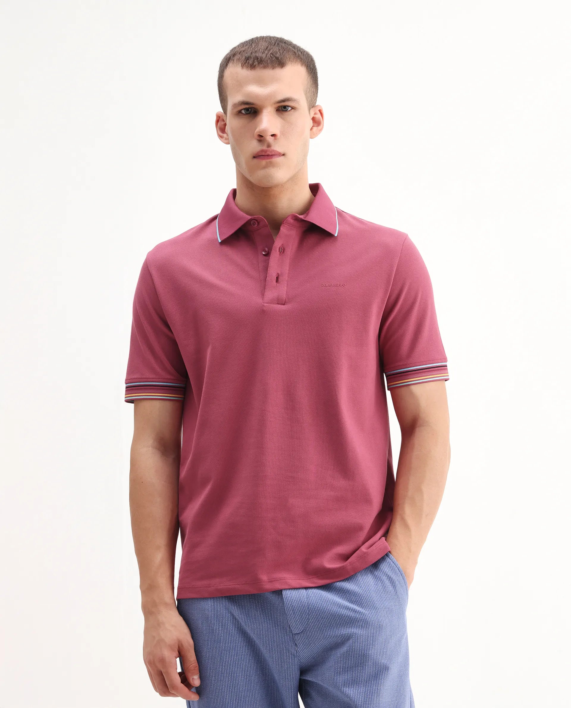 Rare Rabbit Men's Carter Pink Cotton Plain Regular Fit Half Sleeve Polo