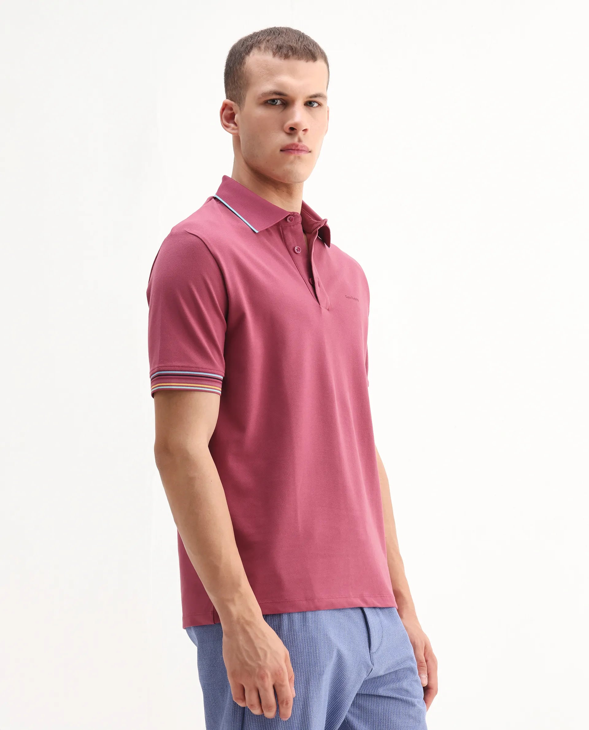 Rare Rabbit Men's Carter Pink Cotton Plain Regular Fit Half Sleeve Polo