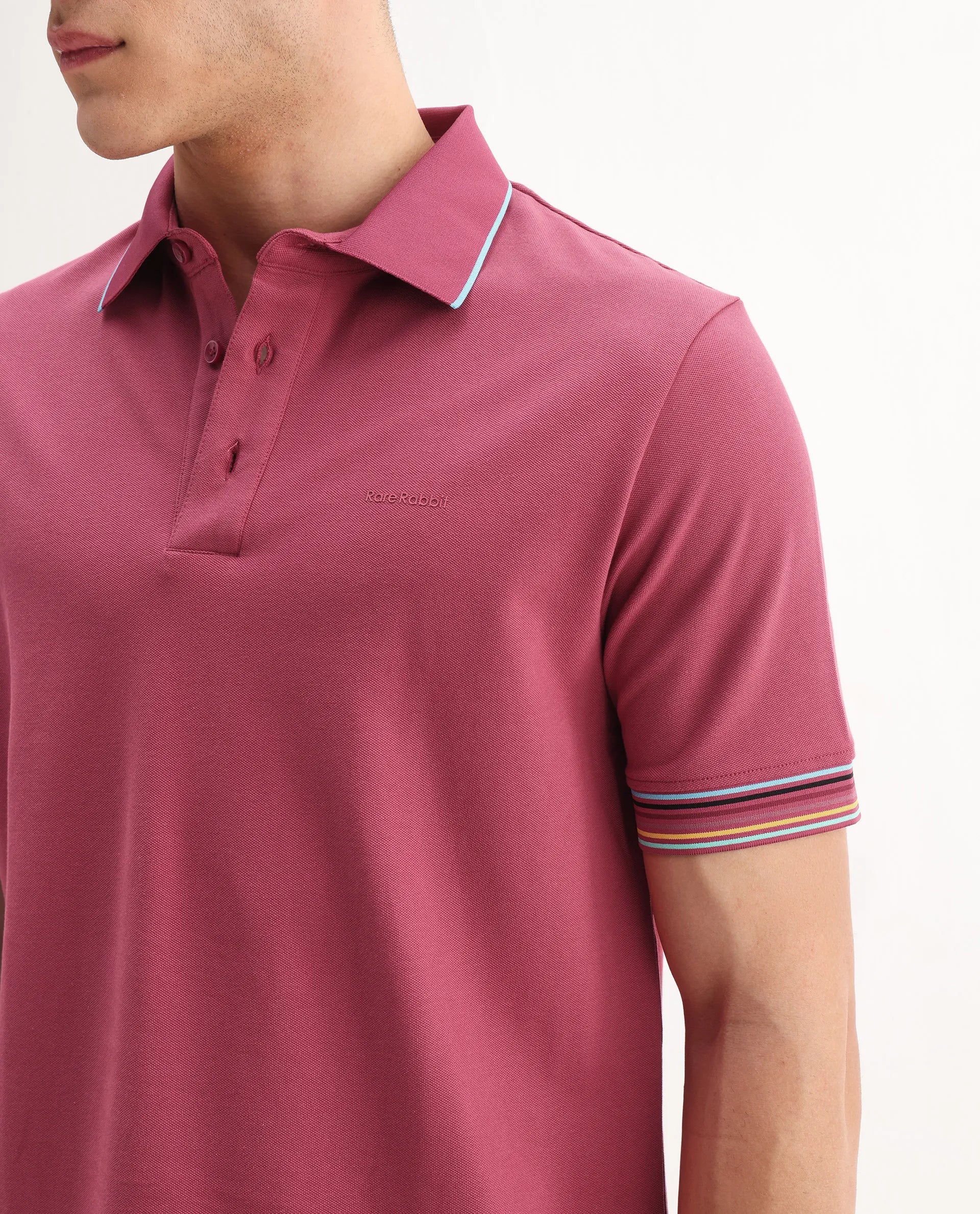 Rare Rabbit Men's Carter Pink Cotton Plain Regular Fit Half Sleeve Polo