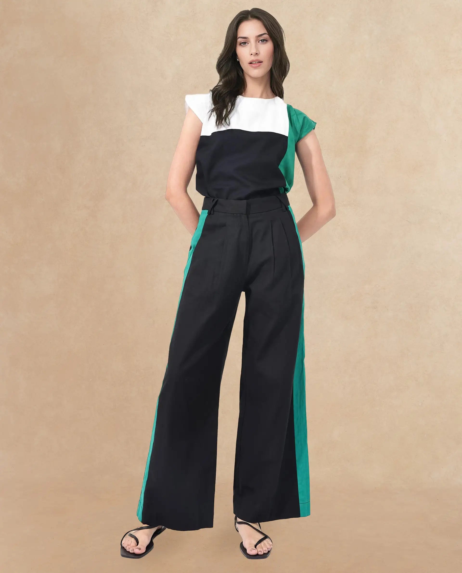 Rareism Women Caruana-B Black Cotton Fabric Co-Ord Color Block Trouser