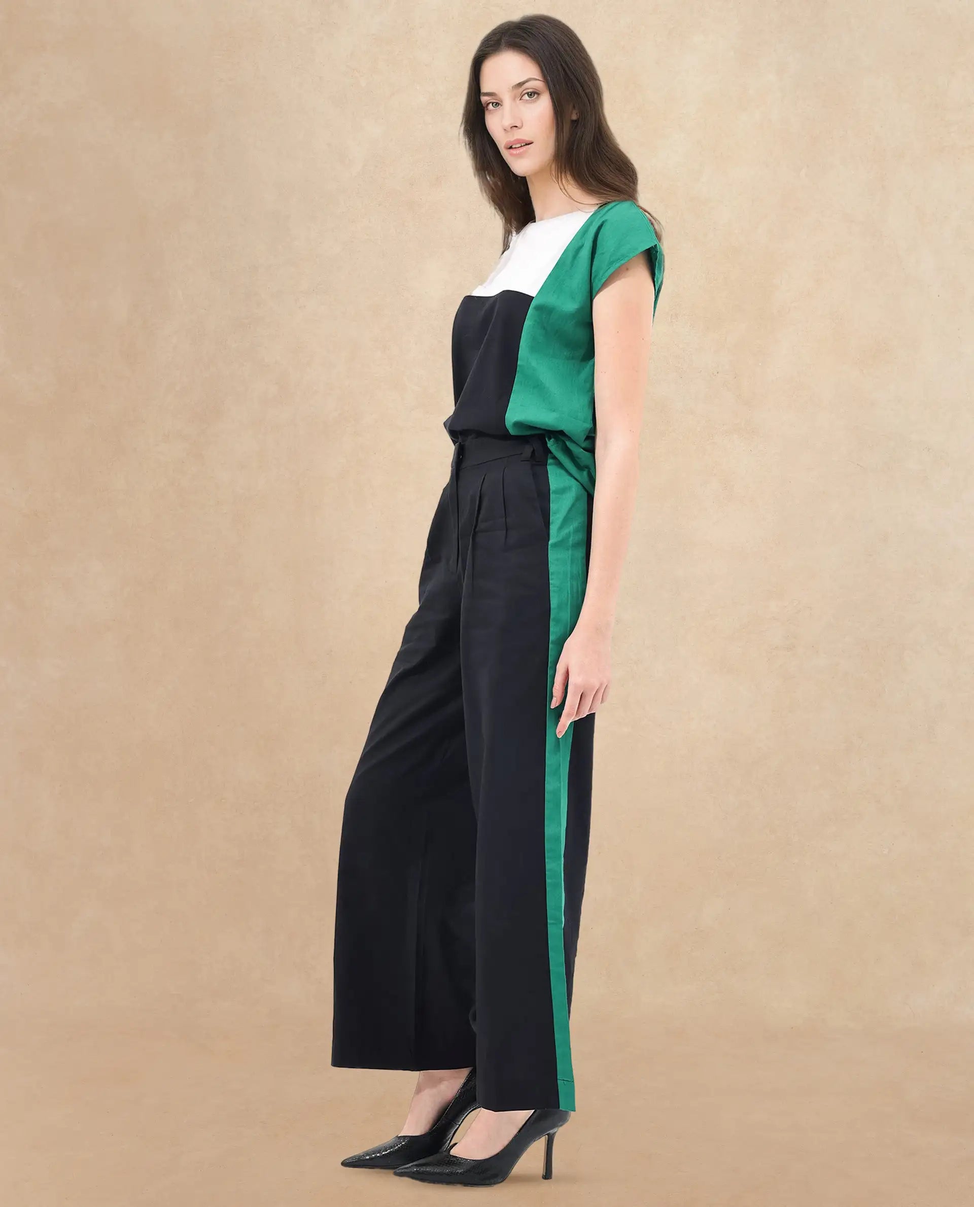 Rareism Women Caruana-B Black Cotton Fabric Co-Ord Color Block Trouser