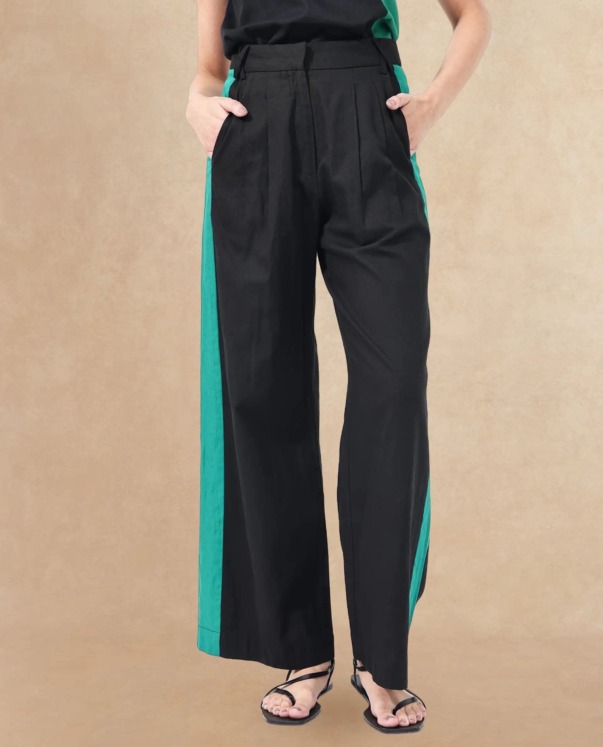 Rareism Women Caruana-B Black Cotton Fabric Co-Ord Color Block Trouser