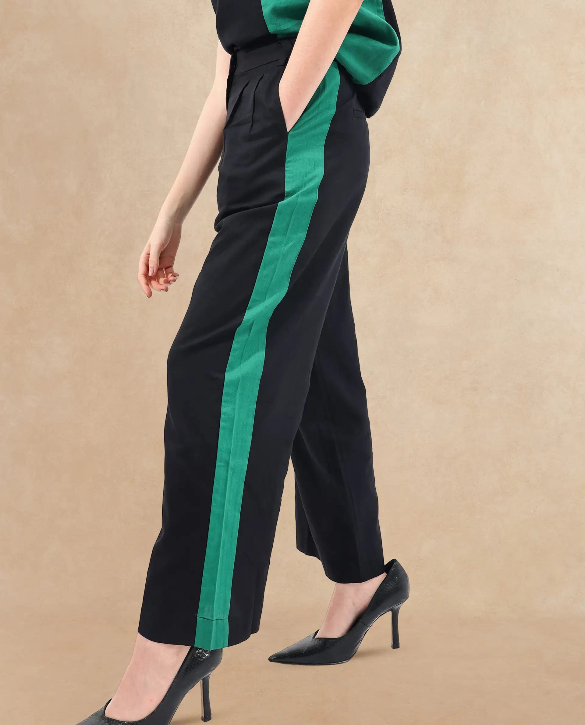 Rareism Women Caruana-B Black Cotton Fabric Co-Ord Color Block Trouser