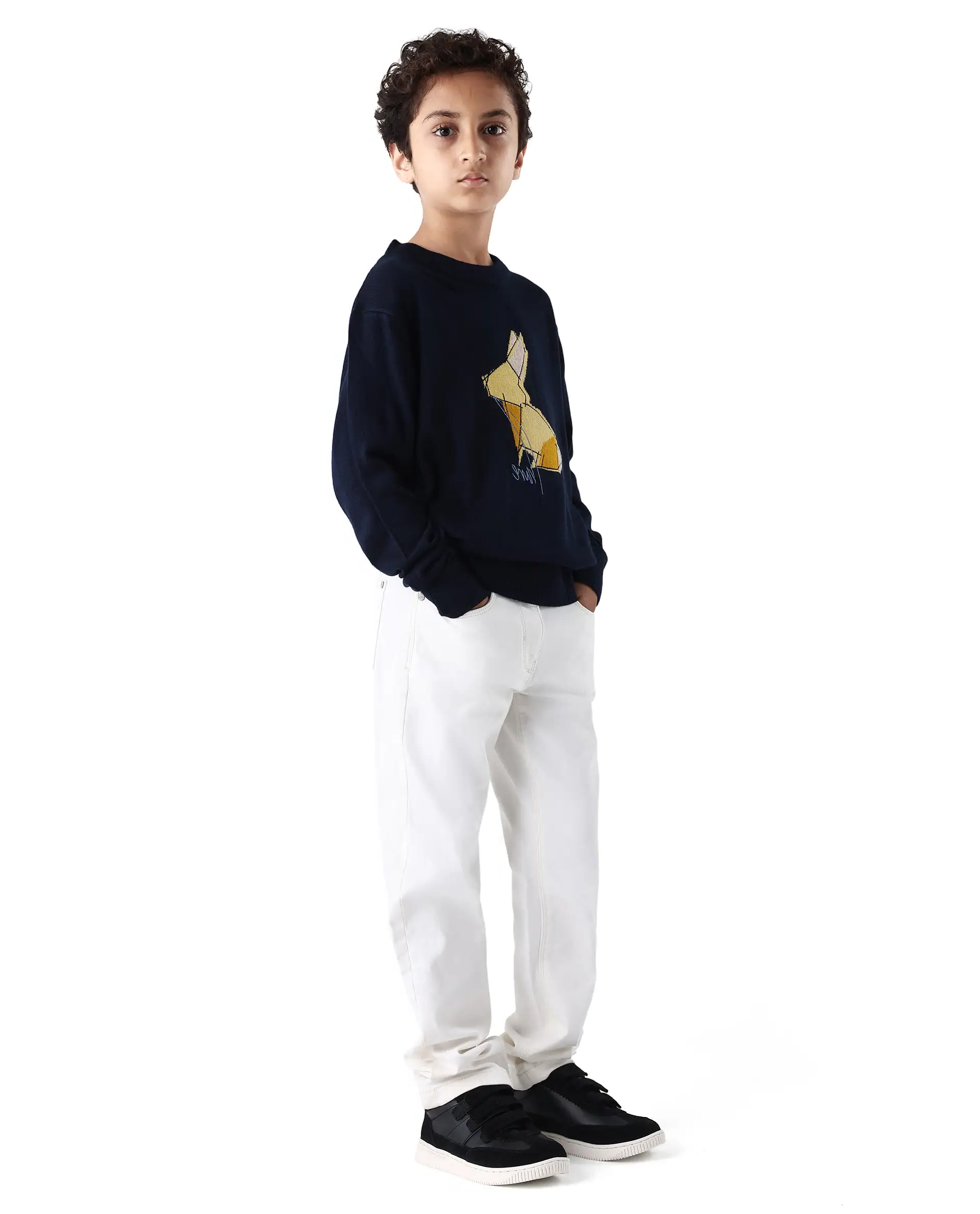 Rare Ones Kid's Corvo-K Off White Cotton Blend Fabric Regular Plain Denim Pant