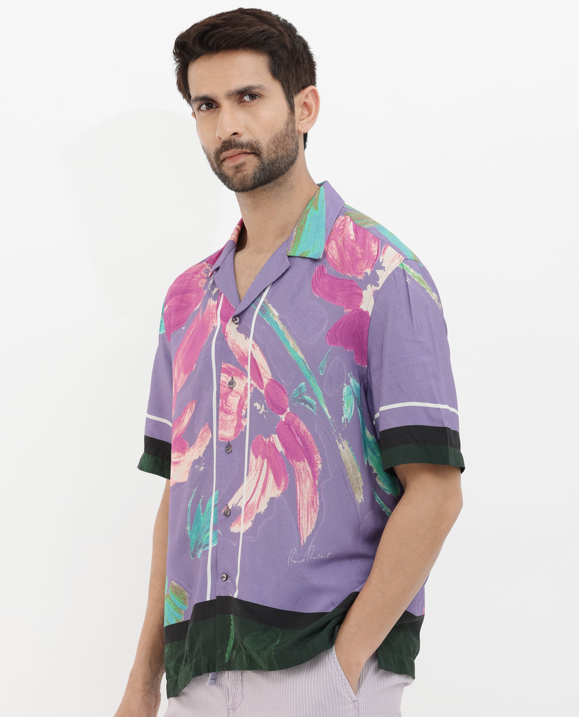 Rare Rabbit Mens Casa Purple Viscose Fabric Cuban Collar Half Sleeves Boxy Fit Floral Print Shirt