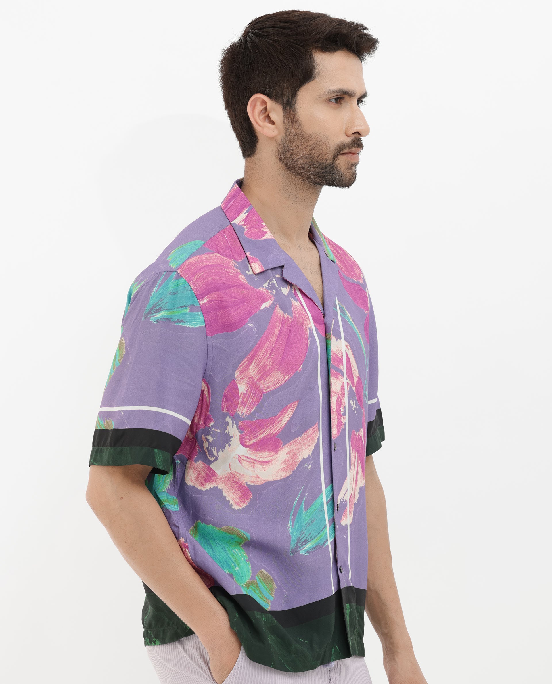 Rare Rabbit Mens Casa Purple Viscose Fabric Cuban Collar Half Sleeves Boxy Fit Floral Print Shirt