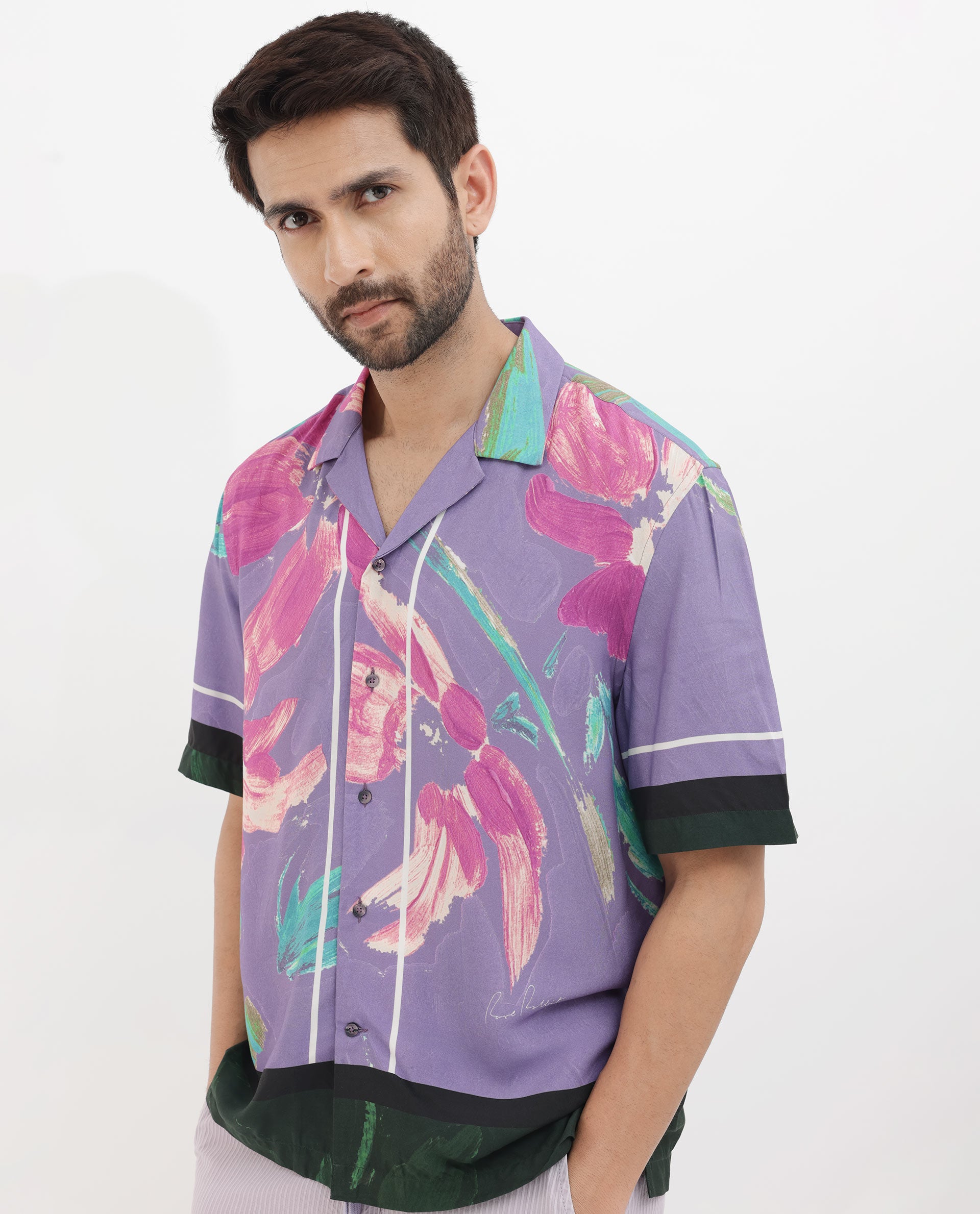 Rare Rabbit Mens Casa Purple Viscose Fabric Cuban Collar Half Sleeves Boxy Fit Floral Print Shirt