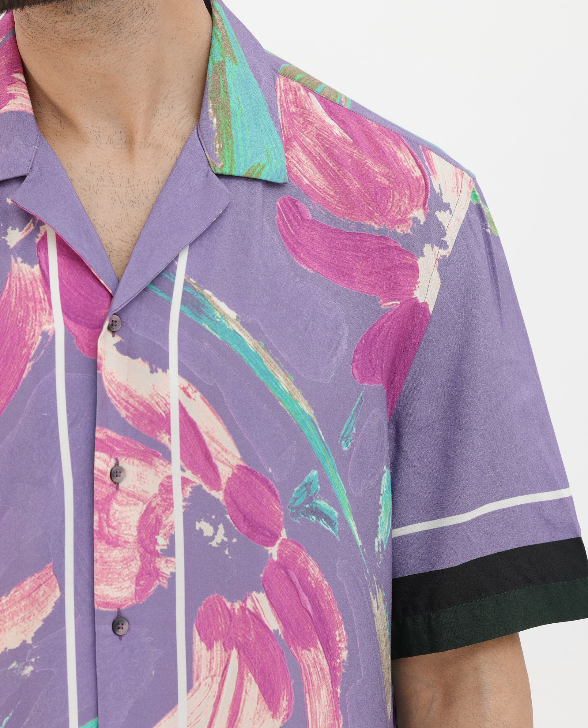 Rare Rabbit Mens Casa Purple Viscose Fabric Cuban Collar Half Sleeves Boxy Fit Floral Print Shirt